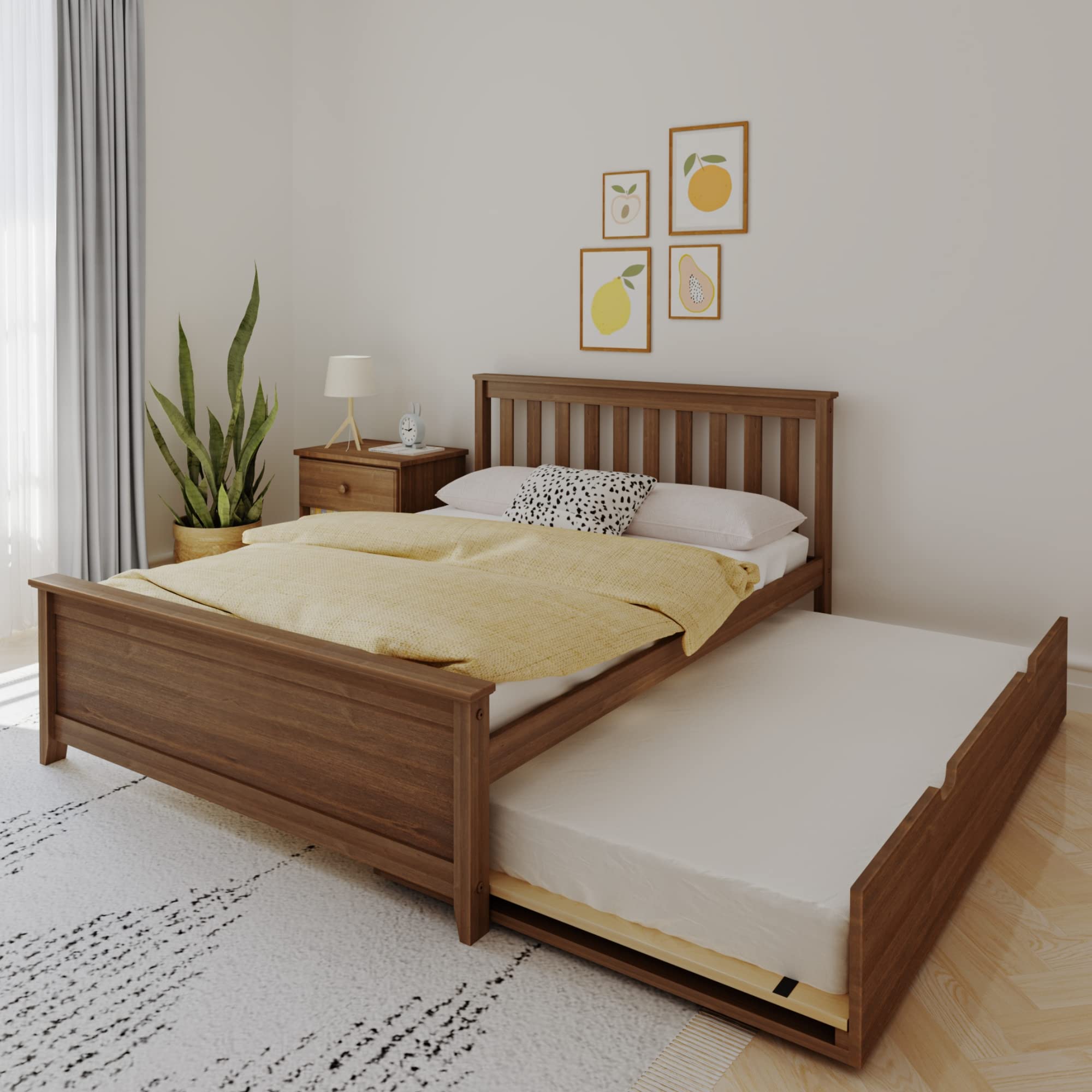 Max & Lily Full Bed, Wood Bed Frame with Headboard for Kids with Trundle, Slatted, Walnut, Walnut, Full, Bed with Trundle