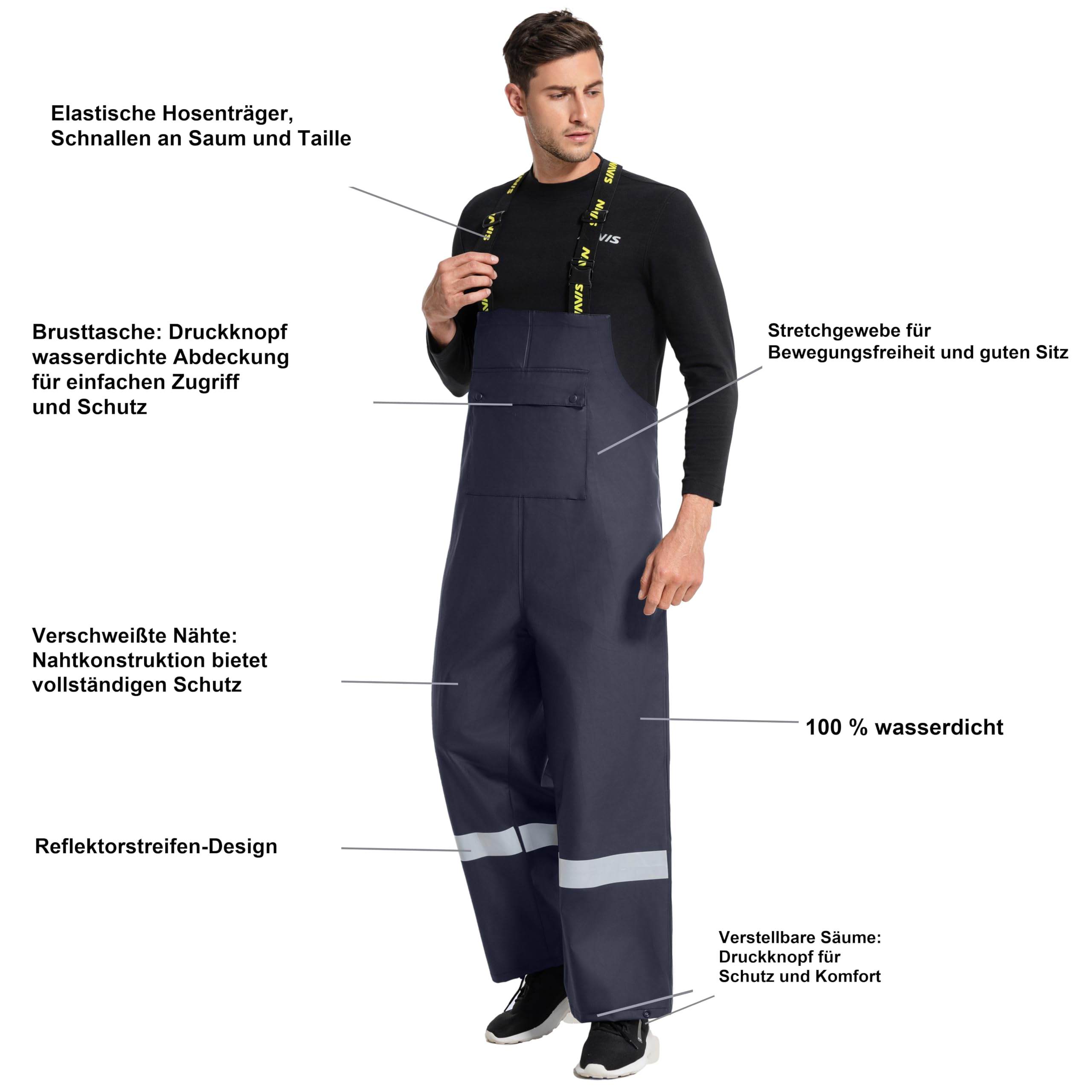 Regenanzug Herren Warnschutz Wasserdicht - PU Regenjacke & Latzhose, Regenbekleidung mit 360° Reflektoren. Ideal für Baustelle, Landwirtschaft, Outdoor
