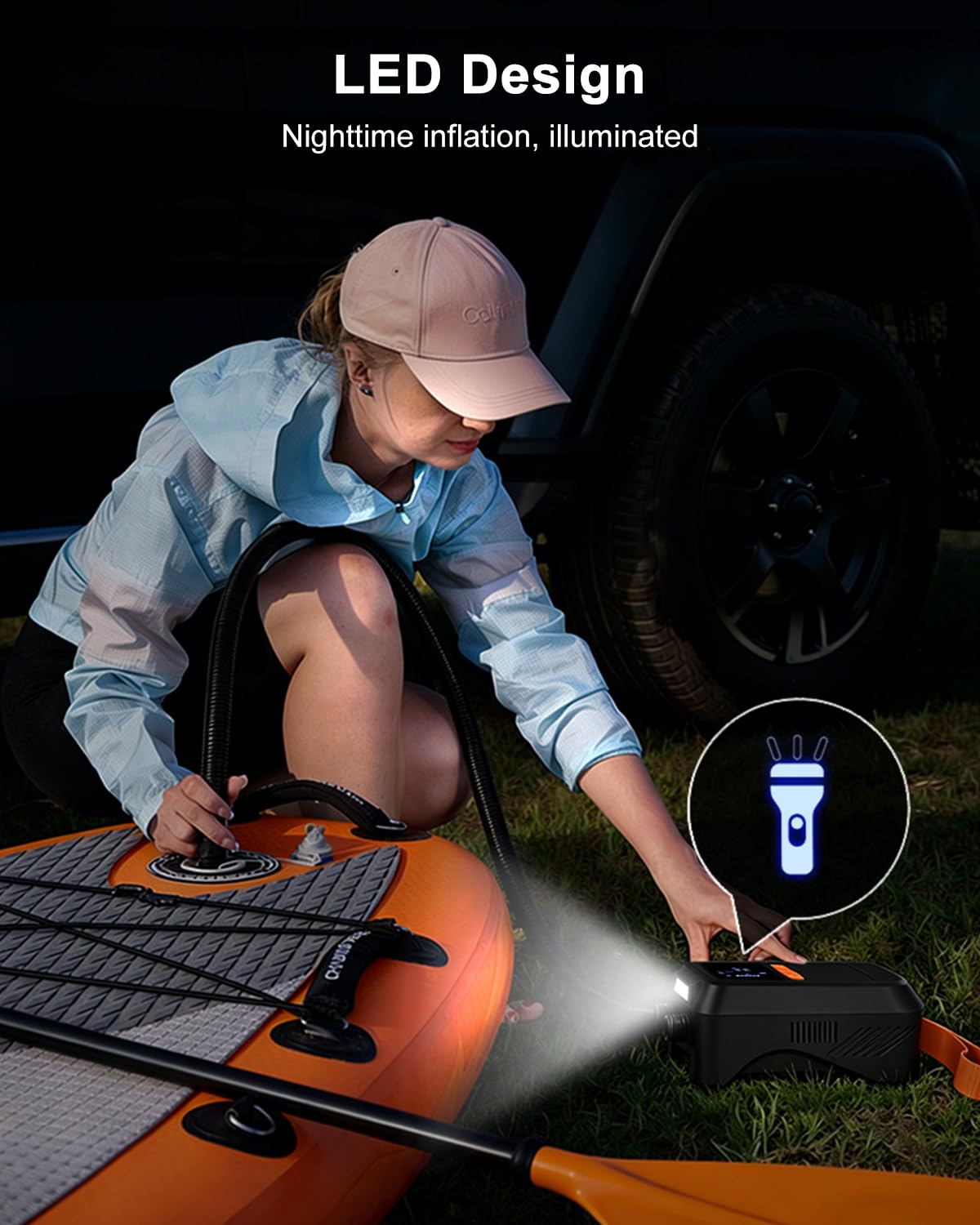 Mojimdo Pompa SUP 20 PSI, batteria da 13.500 mAh, 5 modalità, USB-C, 12 V | Doppio gonfiaggio rapido, pressione personalizzata, spegnimento automatico, 6 ugelli, funzione di aspirazione e luce