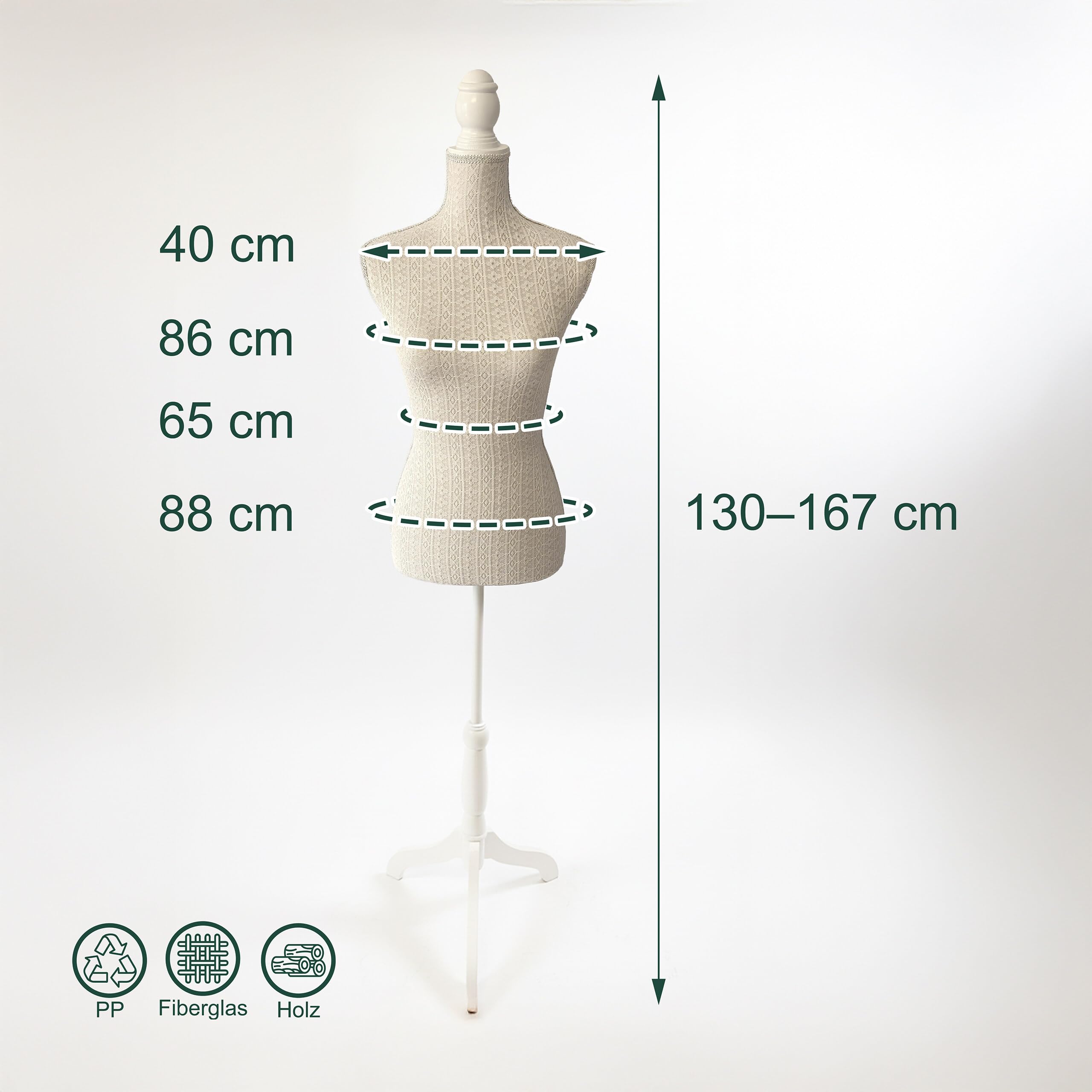 Relaxdays Schneiderpuppe, weiblich, Größe 36/38, verstellbar 130–167 cm, Spitze, Holzständer, Kleiderpuppe, beige/weiß