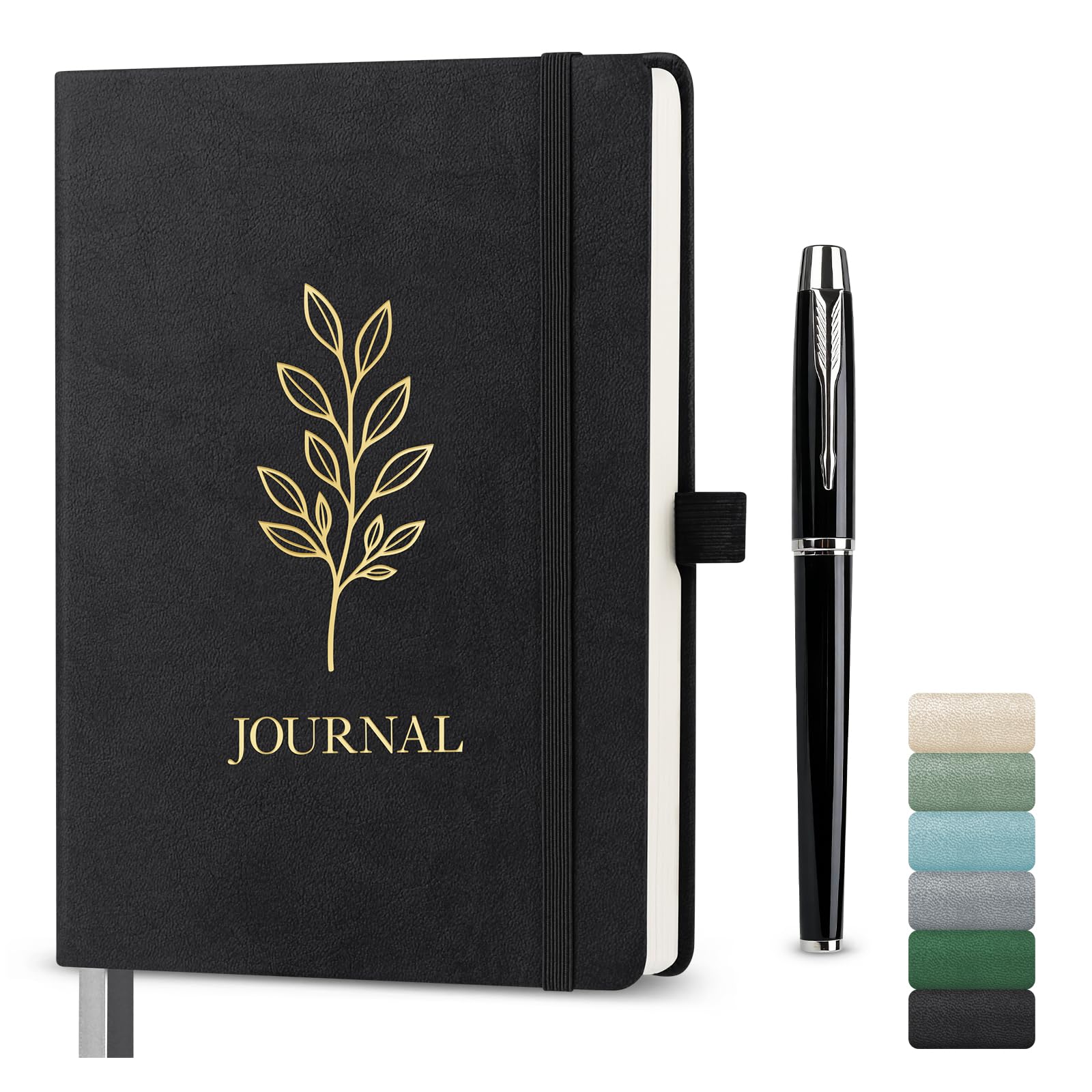 Traimber-seven A5 Lined Journal Notebook, Hardcover Vegan Leather Notebook with Gold Olive Leaf Embossing, 192 Pages 100gsm FSC Paper, Elastic Closure & Pen Holder (Black)
