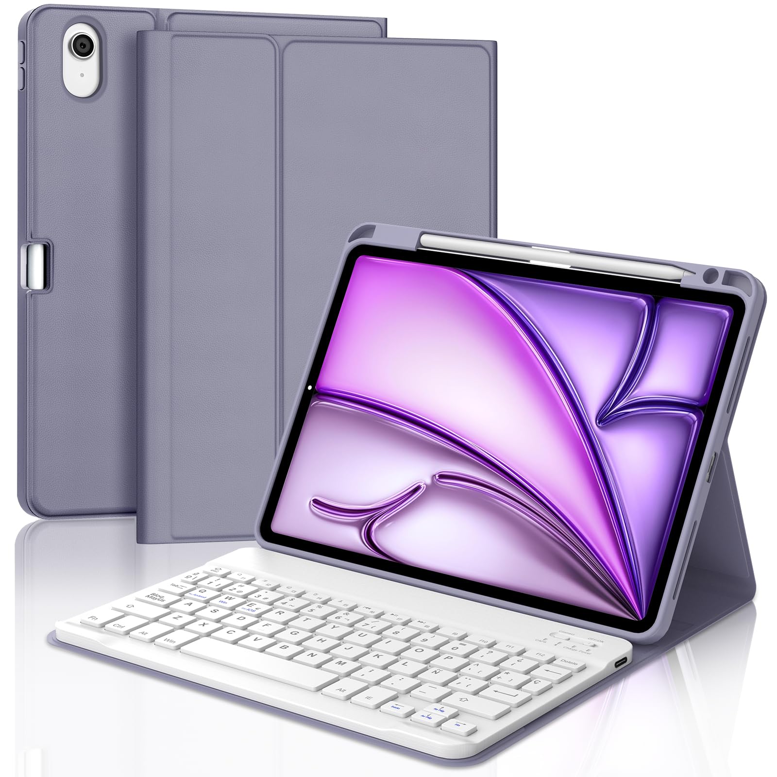 IVEOPPE Funda Teclado para iPad Air 11 Pulgadas M4 2026/M3 2025/M2 2024 | Capa Keyboard Bluetooth Magnético, QWERTY Español Ñ, Case Desmontable con portalápices para iPad Air 11, Violeta grisáceo