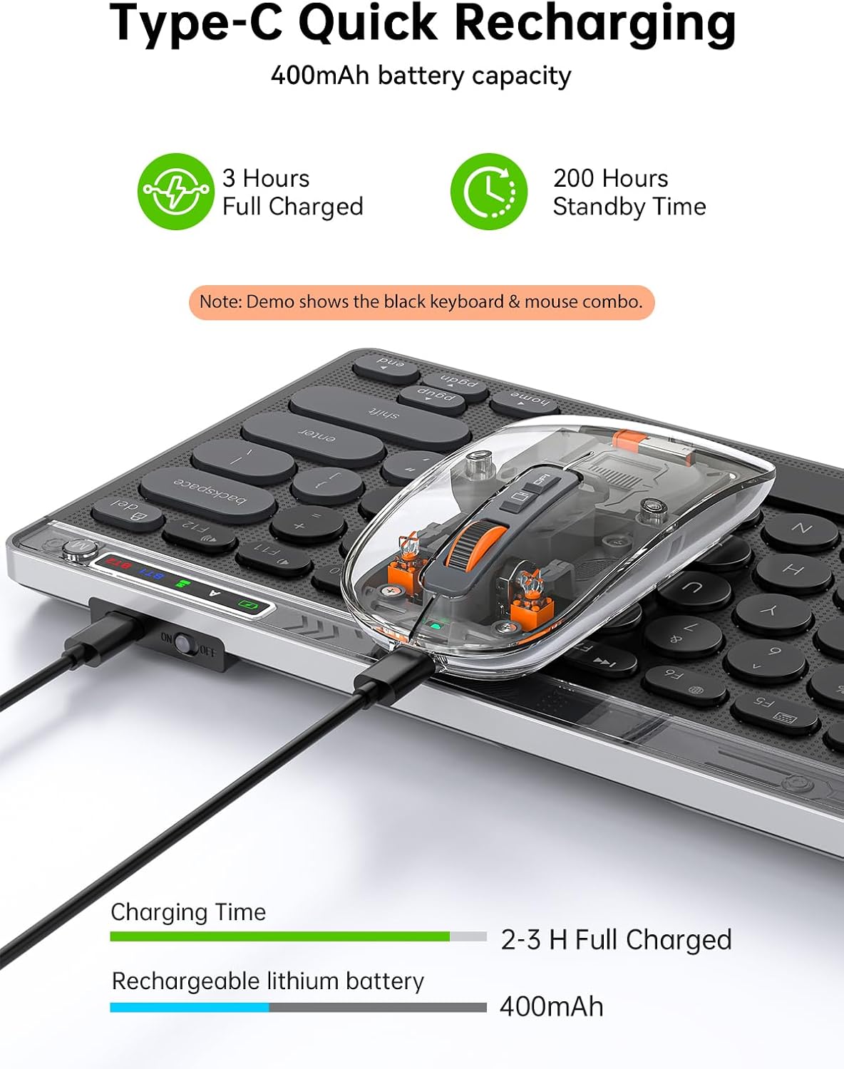 FMOUSE Compact Wireless Keyboard and Mouse Combos - Dual Bluetooth & 2.4GHz USB Receiver, Transparent Mouse, Portable Slim Stylish for Laptop/ipad/Mac/Office - White