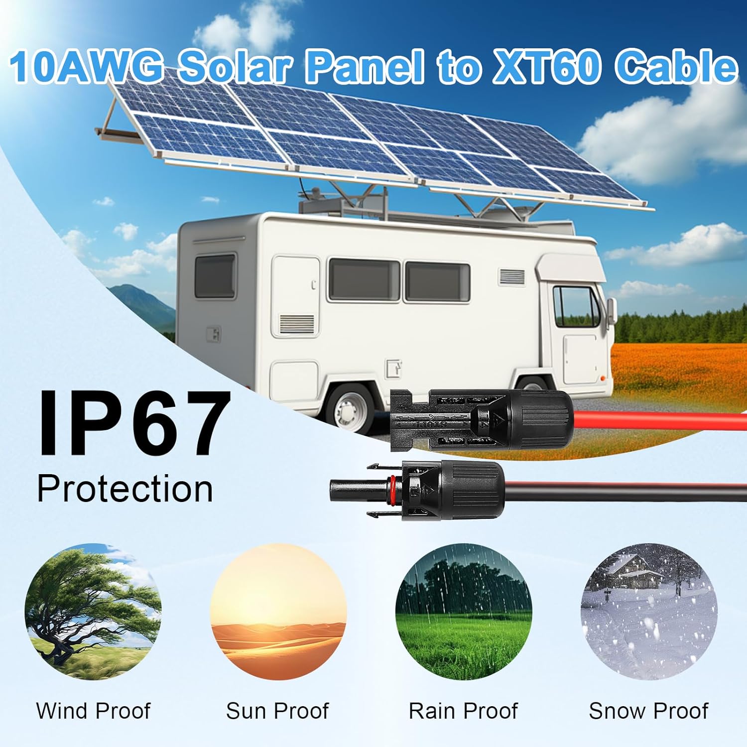 Solar to XT60 Cable 10AWG 30FT Solar Connector to XT60 Adapter Cable for Solar Panel to Battery RV Portable Power Station Solar Generator - 30 Foot