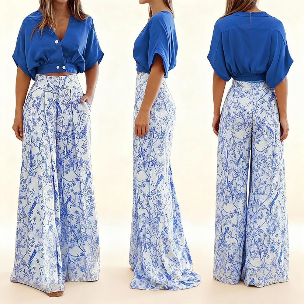 Women’s 2 Piece Sets Short Sleeve V Neck Top Wide Leg Pants Casual Dressy Matching Outfit Summer Vacation - Image 5