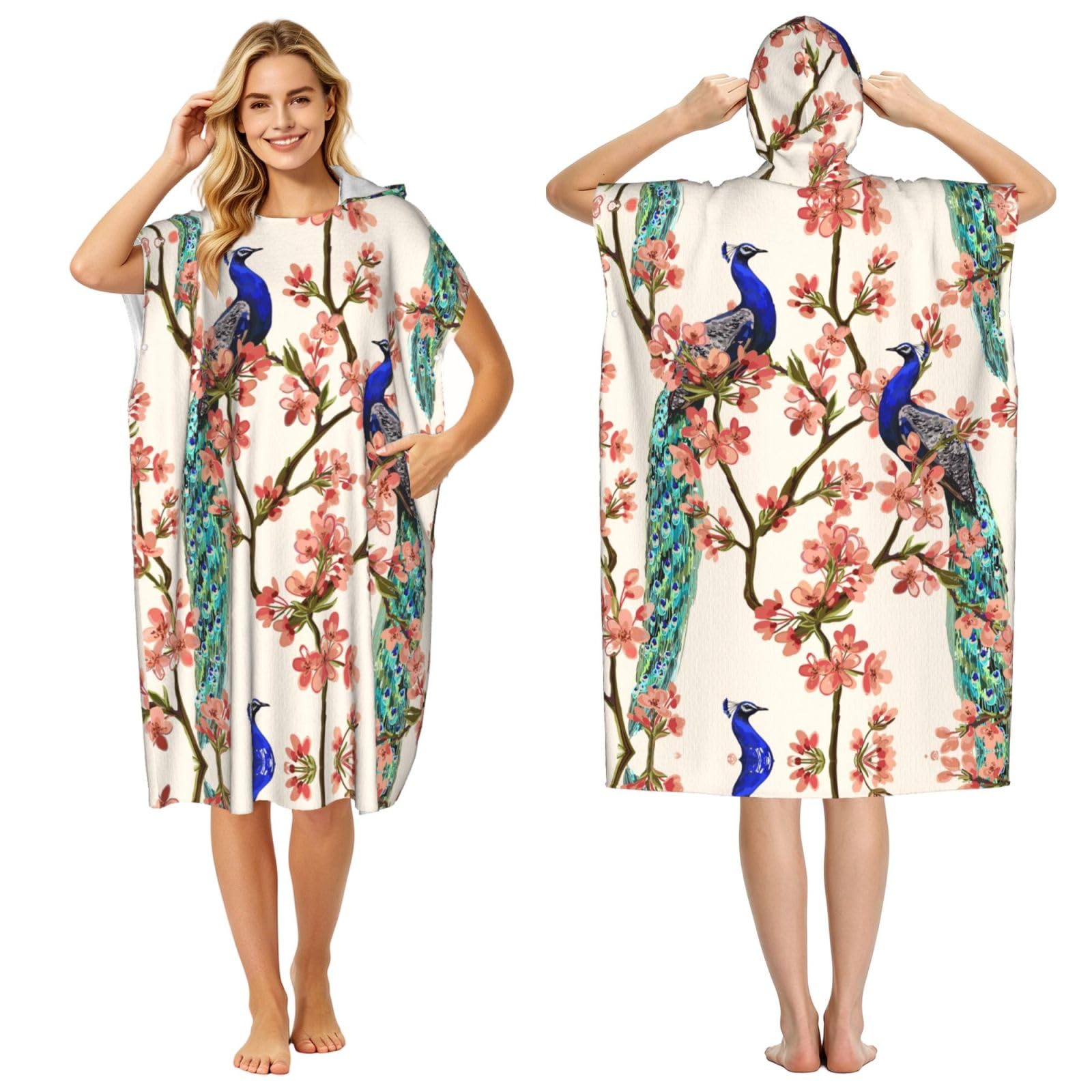 EZDLOWVBA Peacock Print Hooded Poncho Microfiber Beach Towel,Adult Women & Men Changing Robe,Lightweight Summer Surf Swim Bath Poncho Towel