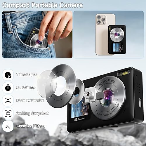 Miniatura 7 de Cámara digital, cámara selfie de doble pantalla de 56MP 2.7K con zoom de 16X, 20 filtros y antivibración, cámaras digitales portátiles de apuntar y