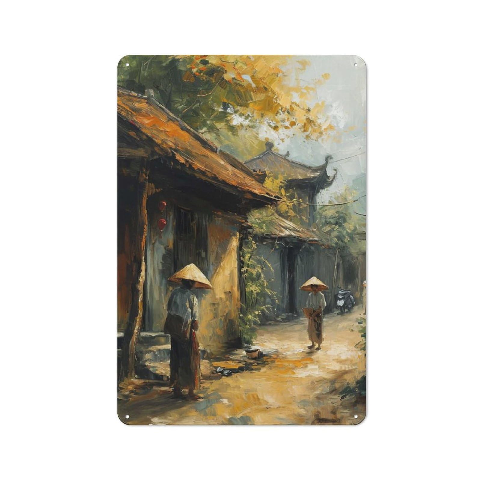 Junmoney Style-19 Asian Village Oil Painting Tin Wall Sign 30X20cm, Country Style Bistro Wall Plaque For Coffee Bar, Kitchen, Bistro Or Tea Corner
