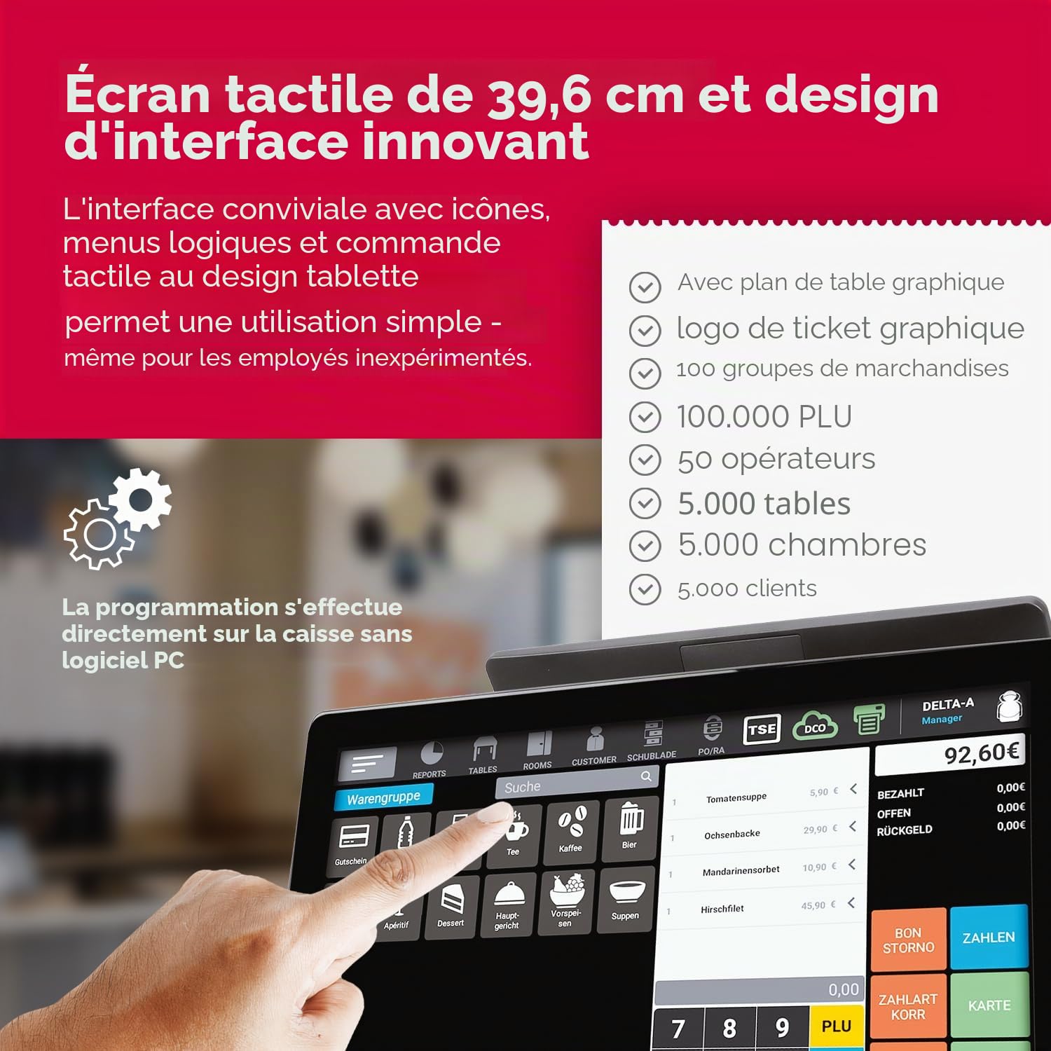 Olympia T215DK Caisse enregistreuse pour la restauration et le commerce | Système de caisse électronique avec écran tactile | Écran tactile 15" | Caisse enregistreuse TSE | Imprimante thermique et