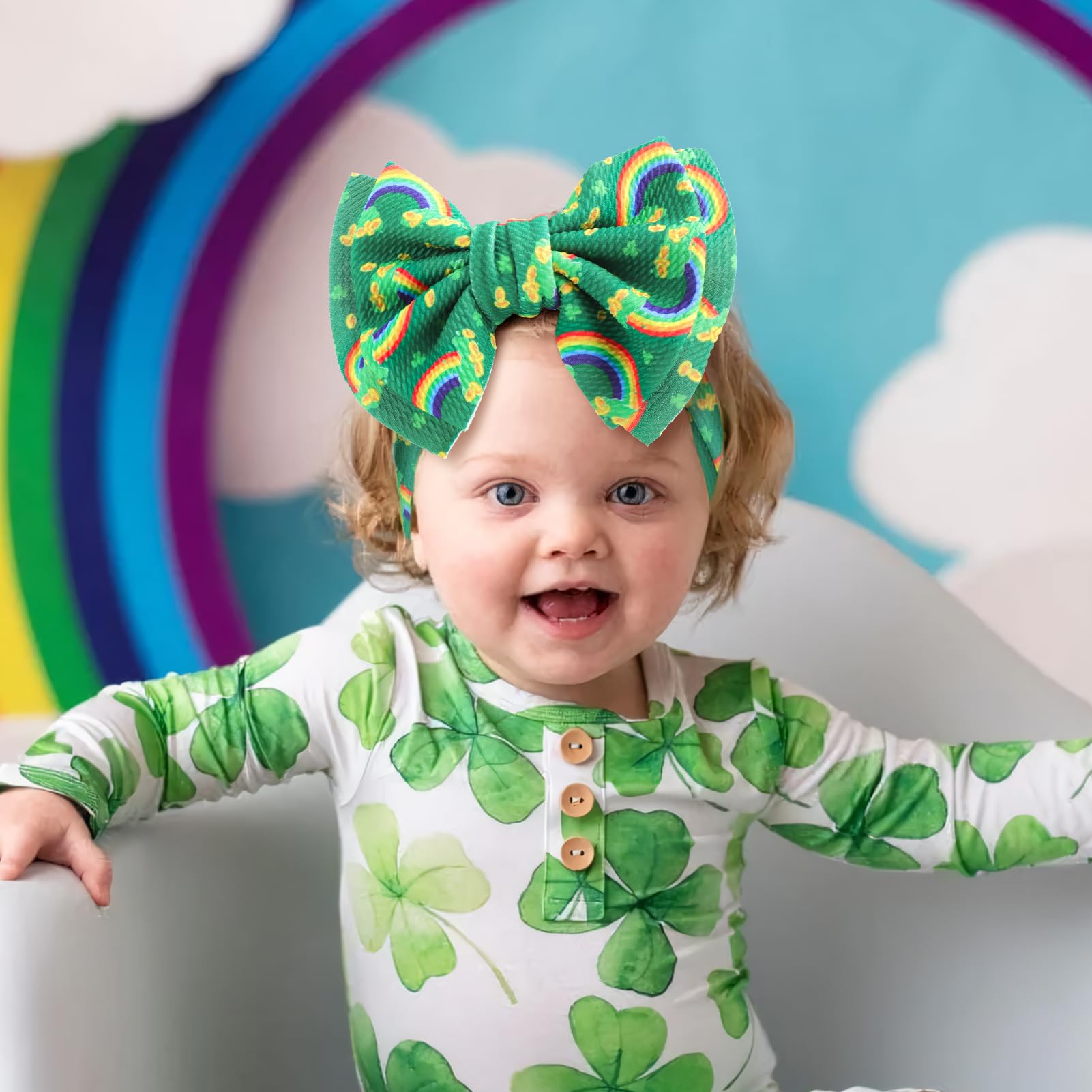 Diademas de Navidad de 17,78 cm con lazos de trébol verde arco iris, diadema de nailon suave con lazos para bebés recién nacidos, accesorios para el cabello del día de San Patricio