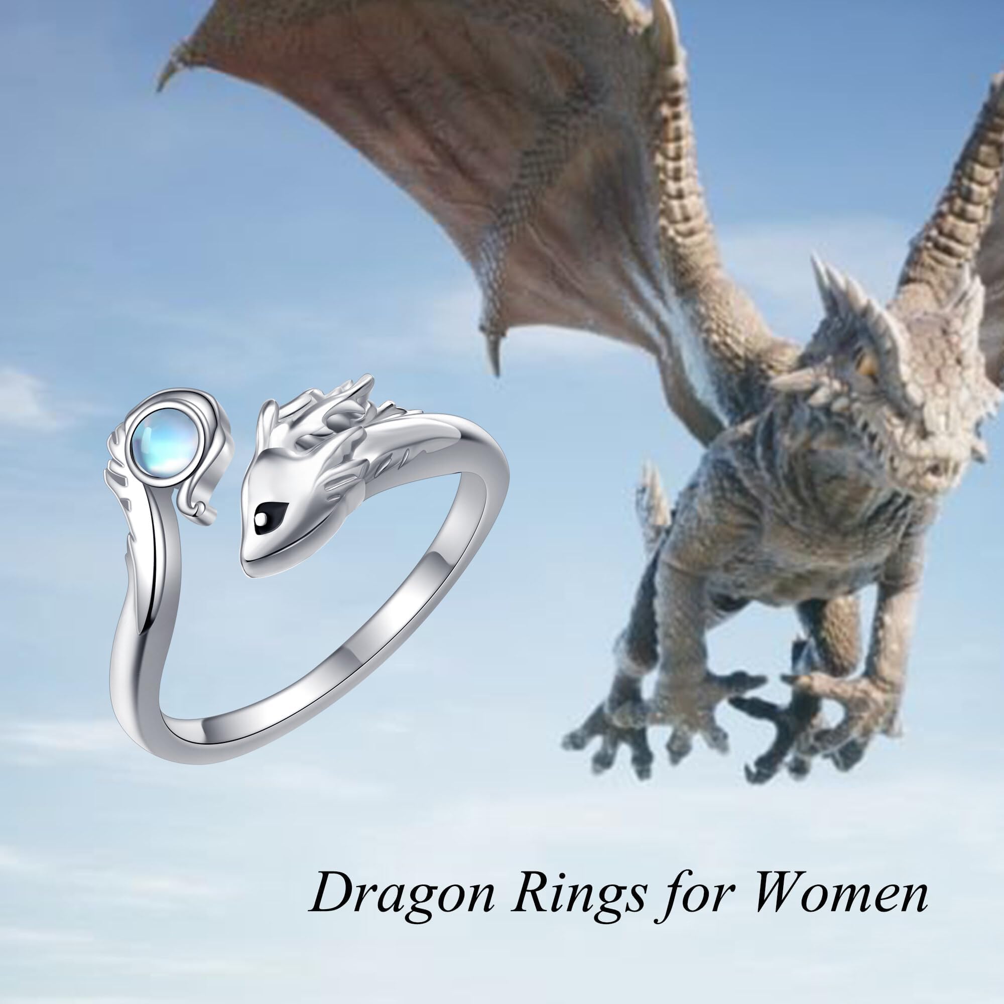 Mondstein Drachen Ringe für Damen Sterling Silber Verstellbare Ringe Drachen Muttertag Schmuck Weihnachten Geschenke für Damen Frauen