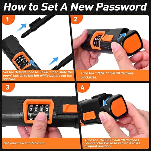 Miniatura 8 de Candado en U para bicicleta con cable de acero, cerradura antirrobo en U de bicicleta resistente, cerradura de combinación reiniciable de 4 dígitos