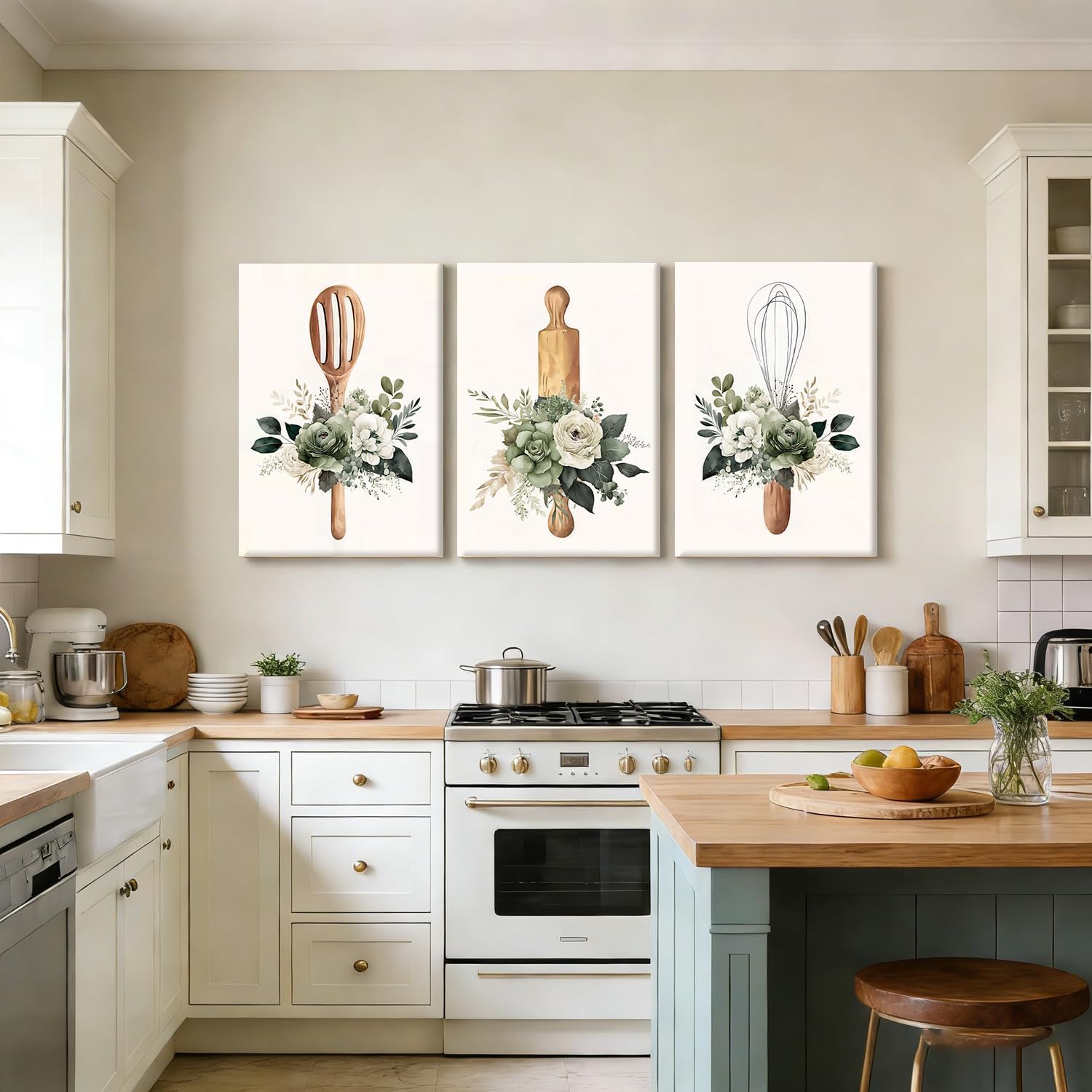 Doqueodas 3pcs Sage Green Plant and Flower Kitchen Canvas Framed Wall Art, Farmhouse Countryside Cooking Utensils Painting Picture Print Poster Can Be Hanged Directly Restaurant Wall Decor 12x16 inch