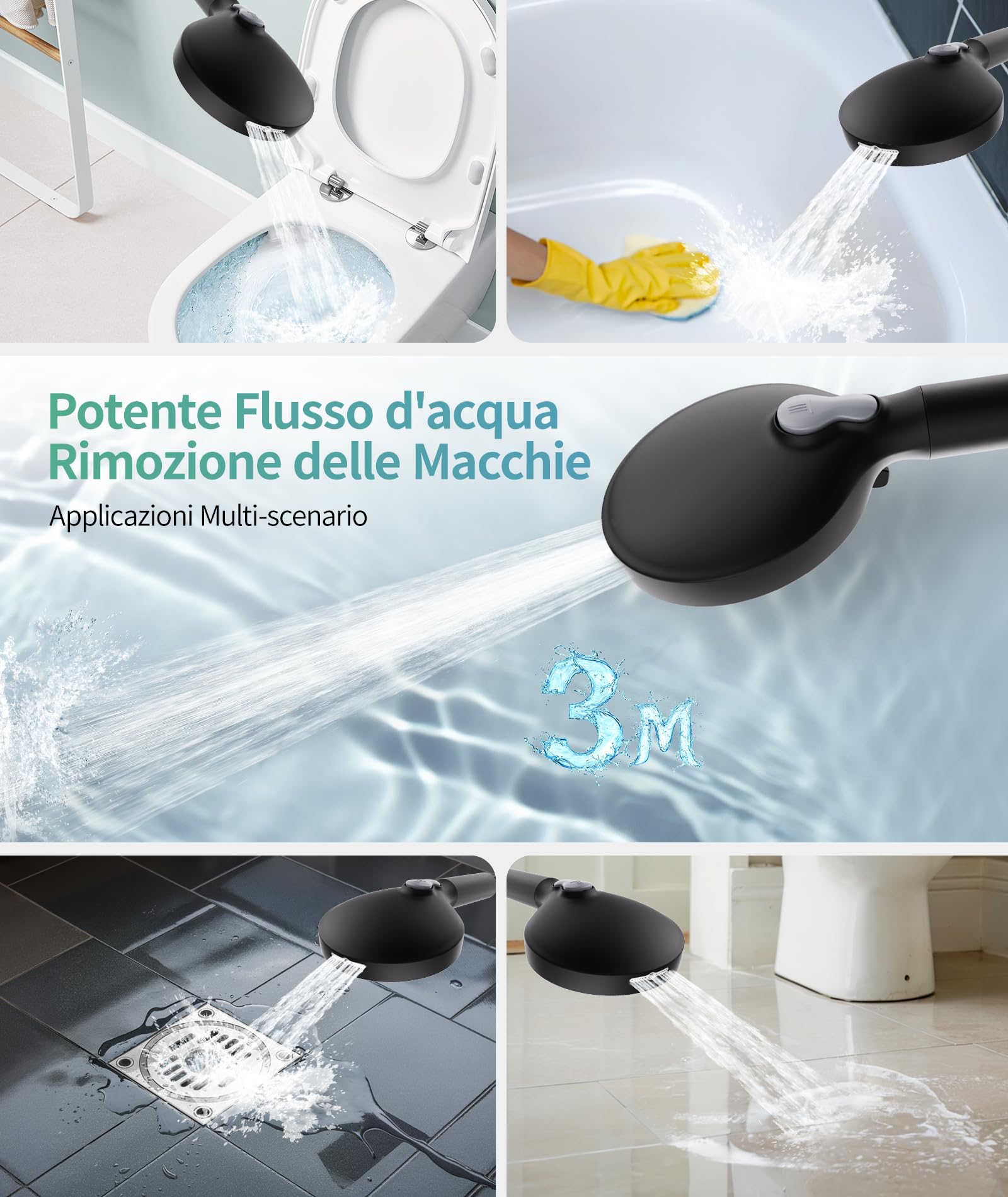 SR SUN RISE Soffione Doccia con 4 Filtro e Tubo Anticalcare Nero Opaco | Doccino Filtrant ad Alta Pressione e 9 modalità, Telefono Doccia e Tubo contro l'Acqua Dura, Cloro Residuo e Metalli Pesantii