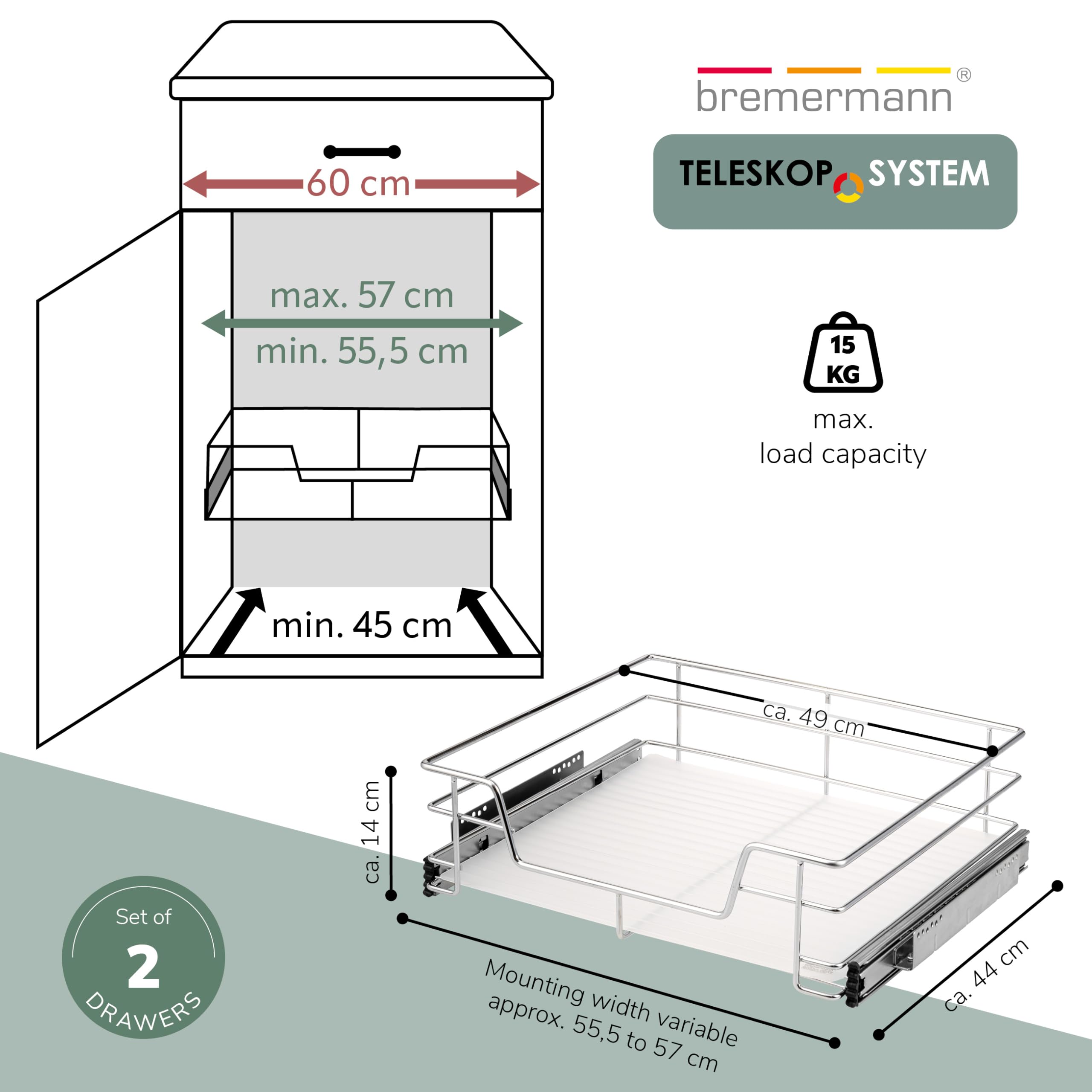 bremermann Set di 2 cassetti telescopici – 60 cm con ripiano, cassetto da cucina per aggiornare, completamente estraibile con guide telescopiche, ideale per cucina, bagno e camera da letto, in metallo