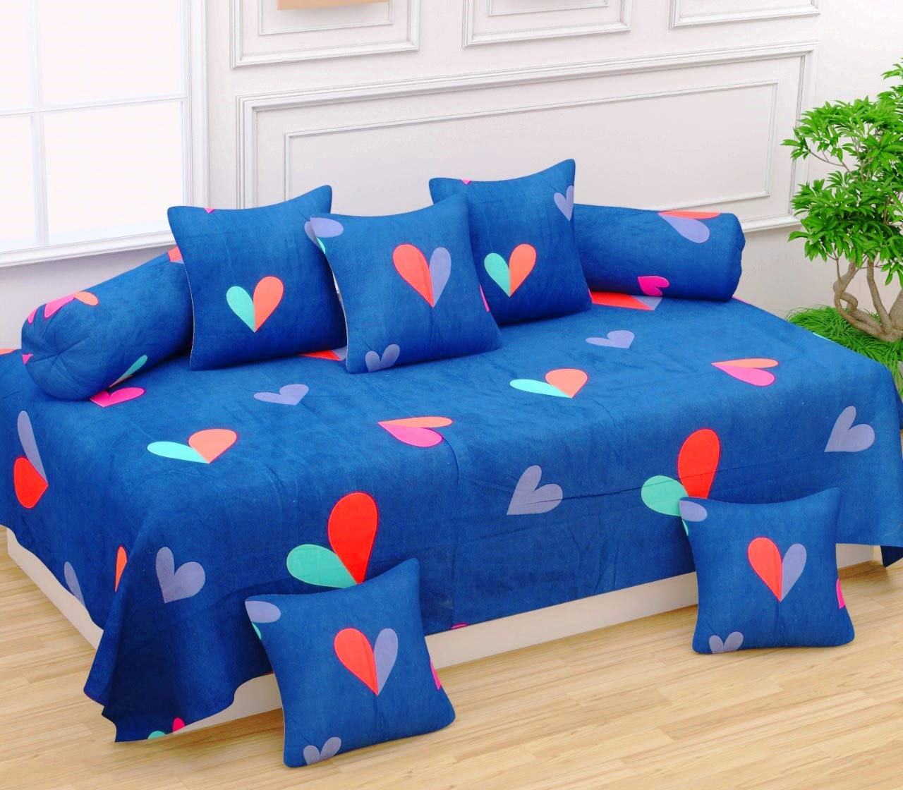 WELLNEST Microfibre Unique Patterns Diwan Set Covers 8 Pcs Set of 1 Bedsheet 2 Bolsters and 5 Cushion Covers - Blue Heart-image-36