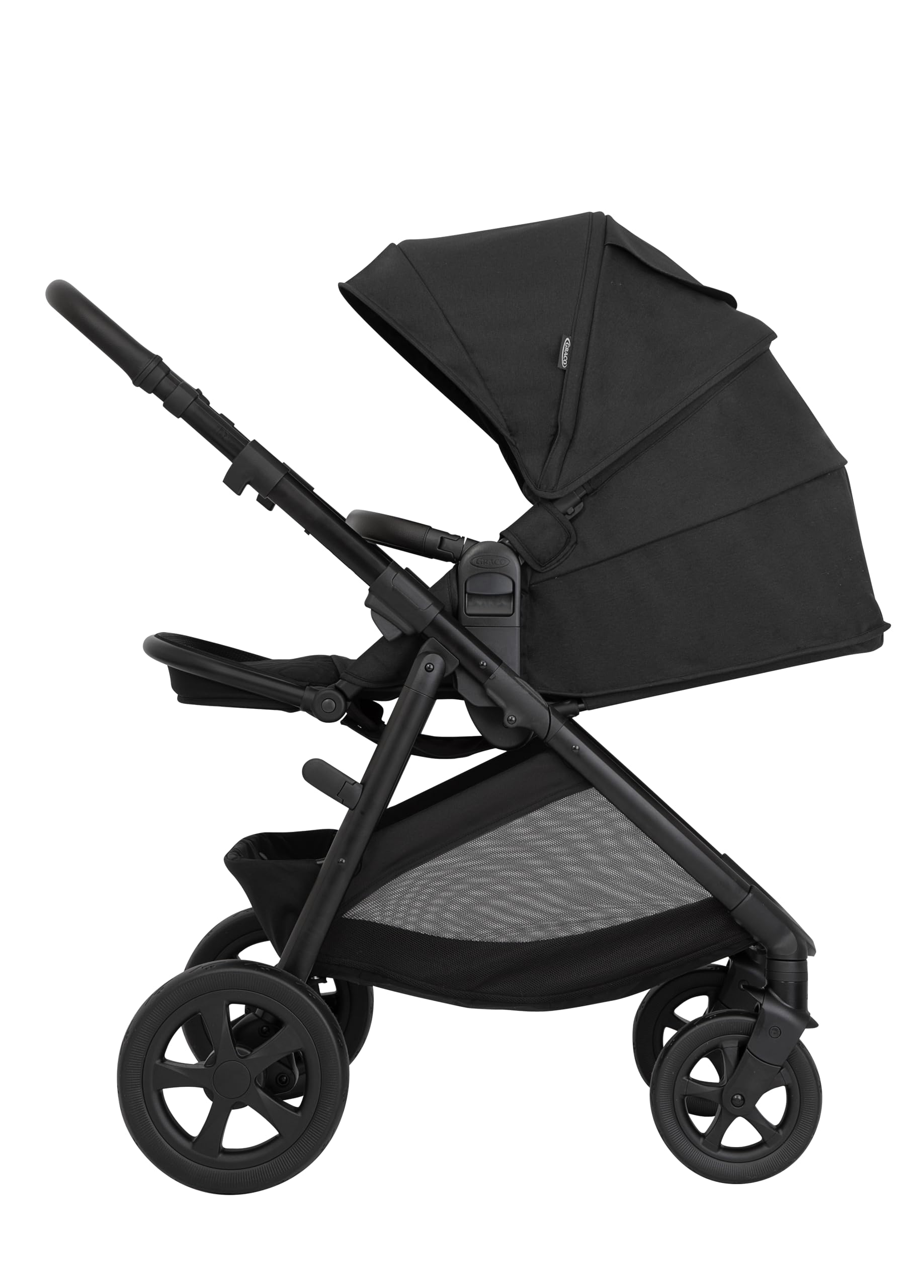 Graco Near2Me™ DLX 3in1 Kinderwagen-Set, inkl. Babywanne (0-9 kg) und Babyschale (40-75 cm), bis 22 kg, rückwärts, vorwärts, kompakt gefaltet, inkl. Adapter und Regenverdeck, schwarz, Midnight