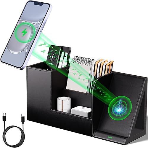 Organizador de bolígrafos con soporte para teléfono, organizadores de escritorio de cuero vegano negro con soporte para control remoto, soporte para
