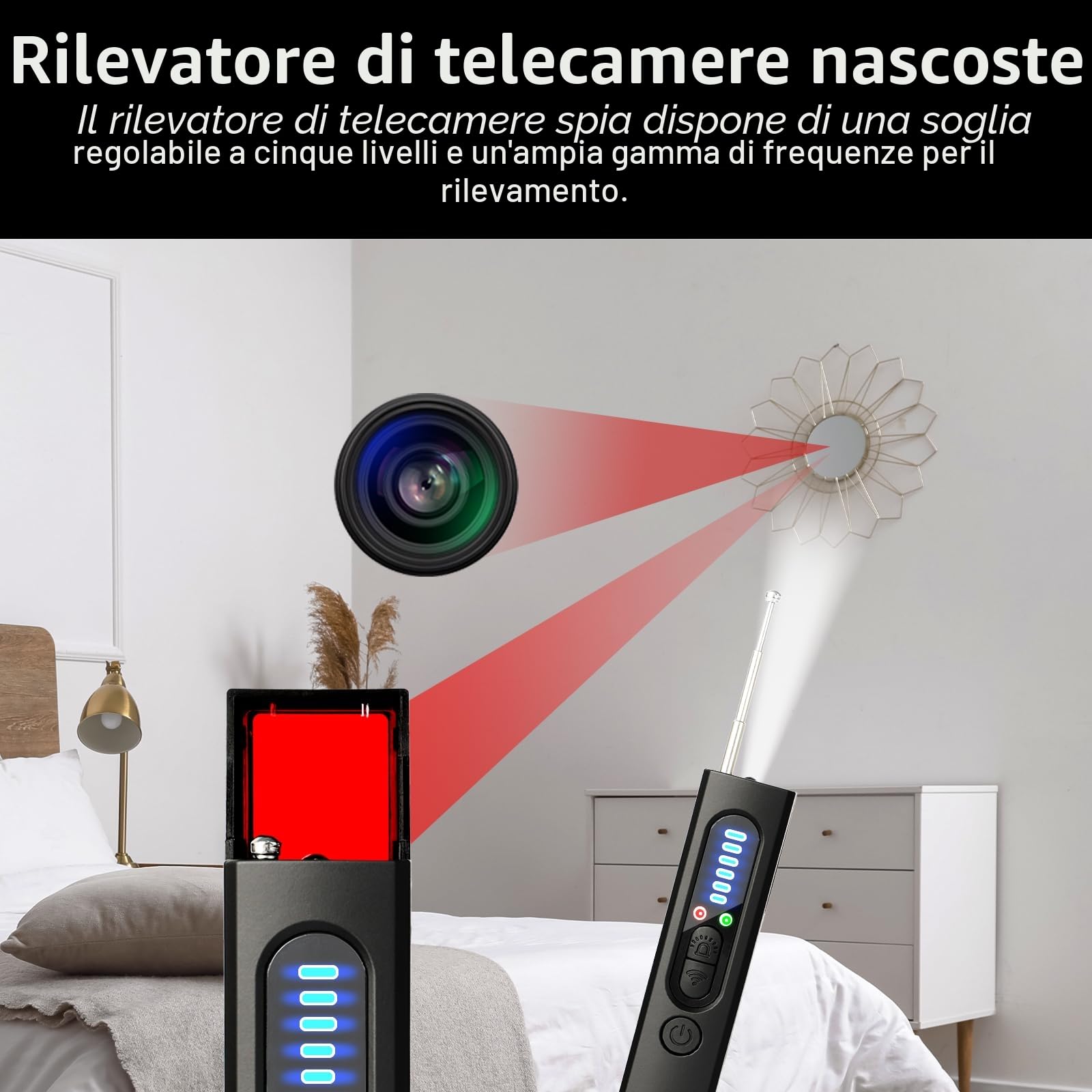 Rilevatore Microspie Senza Fili 4 in 1 - Detecțeur Telecamere Nascoste, GPS, RF e GSM, Rivelatore di Dispositivi di Ascolto, Rilevatore di insetti con 5 Livelli di Sensibilità per Hotel, Ufficio, Casa