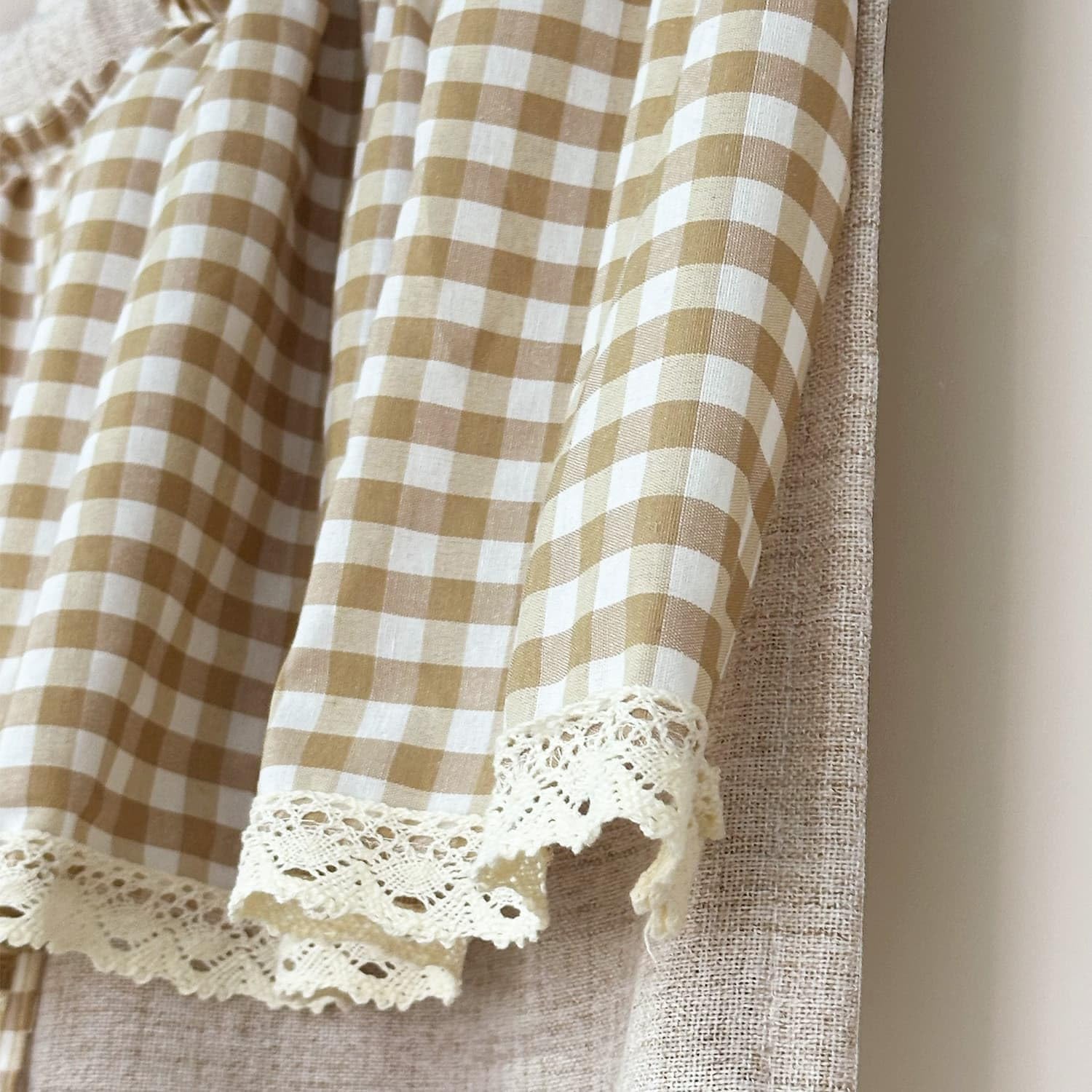 1 Panel Tie Up Linen Curtain with Gingham Valance Attached