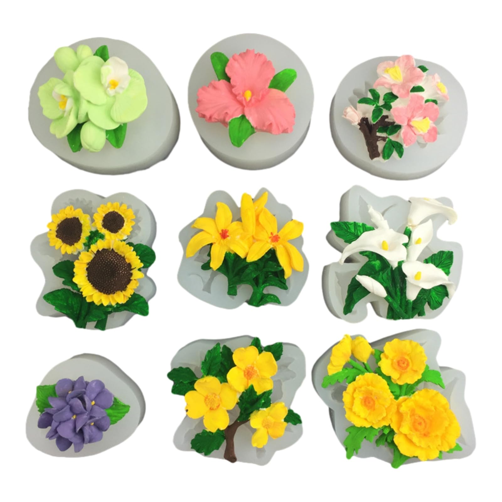 HIRAIDAI Stampo per Fondente in Silicone 9 Pezzi di Fiori di Pesco Calla Giglio Stampo in Silicone Fondente Stampo in Gesso per Aromaterapia