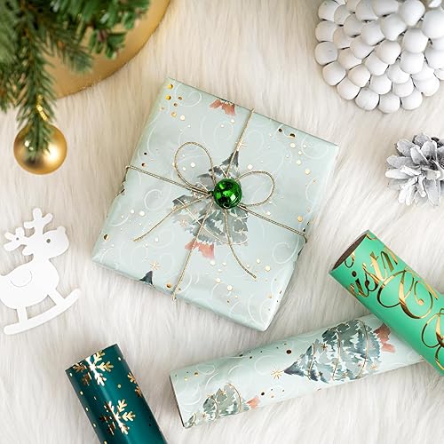 Miniatura 8 de WRAPAHOLIC Papel de regalo de Navidad, 3 rollos, 17 x 120 pulgadas cada uno, árbol de Navidad de lámina verde, diseños de copos de nieve con brillo