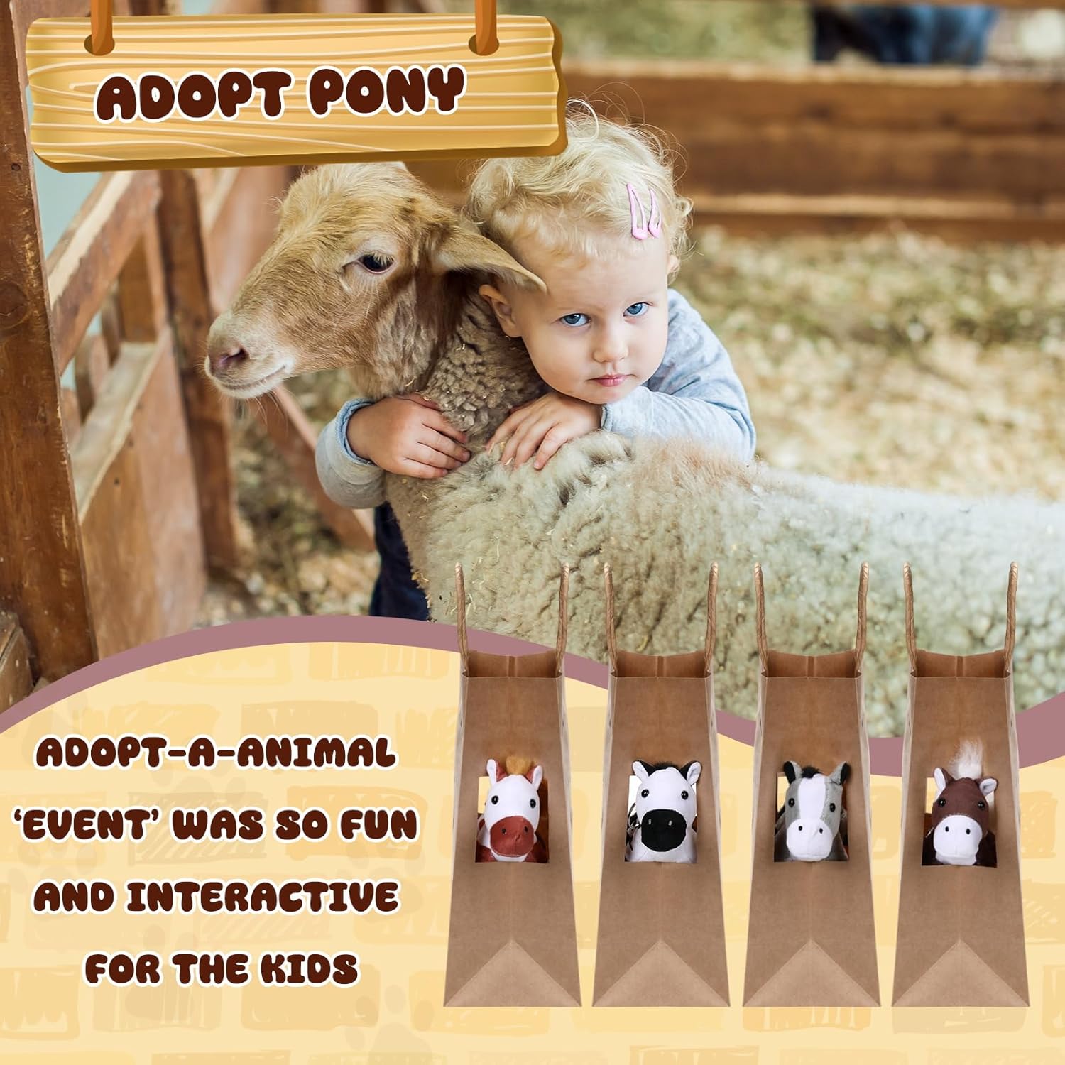 96 Pcs/ 24 Sets Adopt a Horse Party Favors 6 Inch Stuffed Pony Kraft Paper Bags Adoption Certificates Card with Pencil for Adopt a Pony Party Supplies Decorations