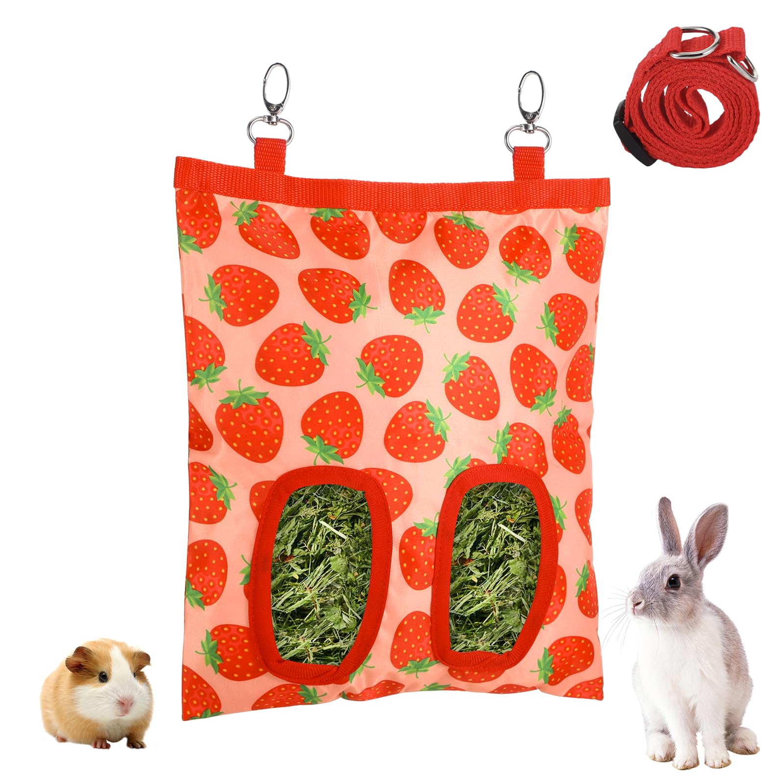 Upgraded Large Rabbit Hay Feeder Bag, Washable Hanging Guinea Pig Hay Bag Holder Feeder Chew Proof with 2 Back Hooks, 2 Holes for Rabbits Bunny Chinchilla Hamster, 9x11inch(Strawberry)