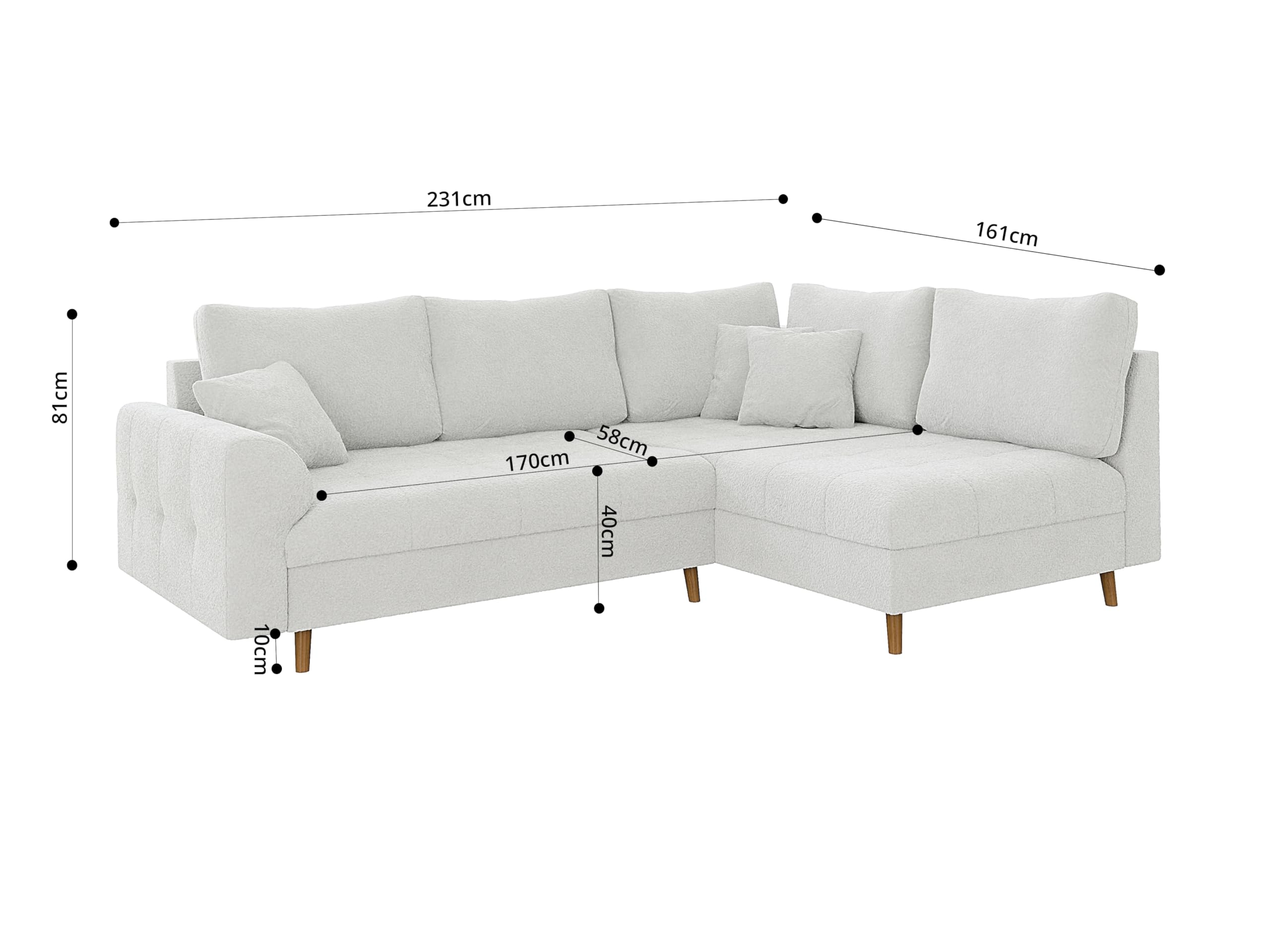 Ecksofa Eckcouch Sofa Couch 4 Sitzer Kratzfest Freistehend Rechts Massivholzfüße Braun Boucle Stoff Erik Weiß