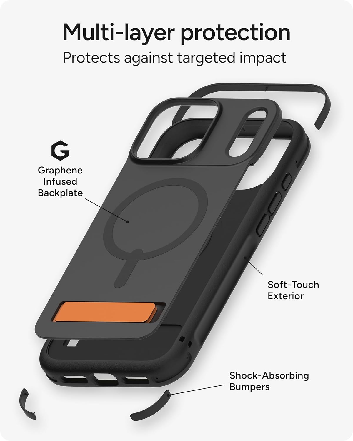 ZAGG Sedona Snap Case with Kickstand for iPhone 17 - Flood Black, Drop Protection (13ft/4m), Multi-Layer Protection, with Camera Button, MagSafe Phone Case with Impact-Absorbing Bumpers - Image 9
