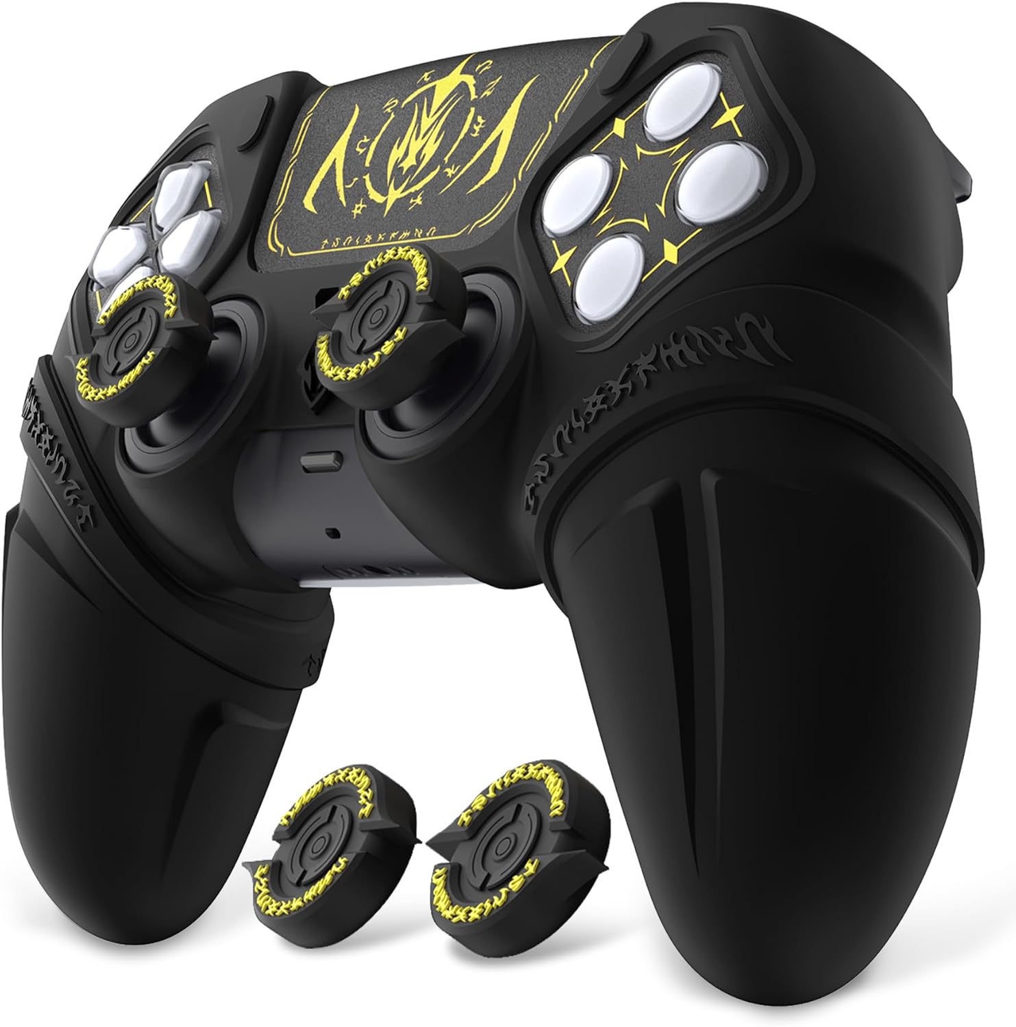 PlayVital Runes Edition Silicone Cover Skin for ps5 Controller with Thumb Grips & Touchpad Skin & D-pad Area Sticker, Anti-Slip Controller Grip Cover Compatible with ps5 Charging Dock- Black