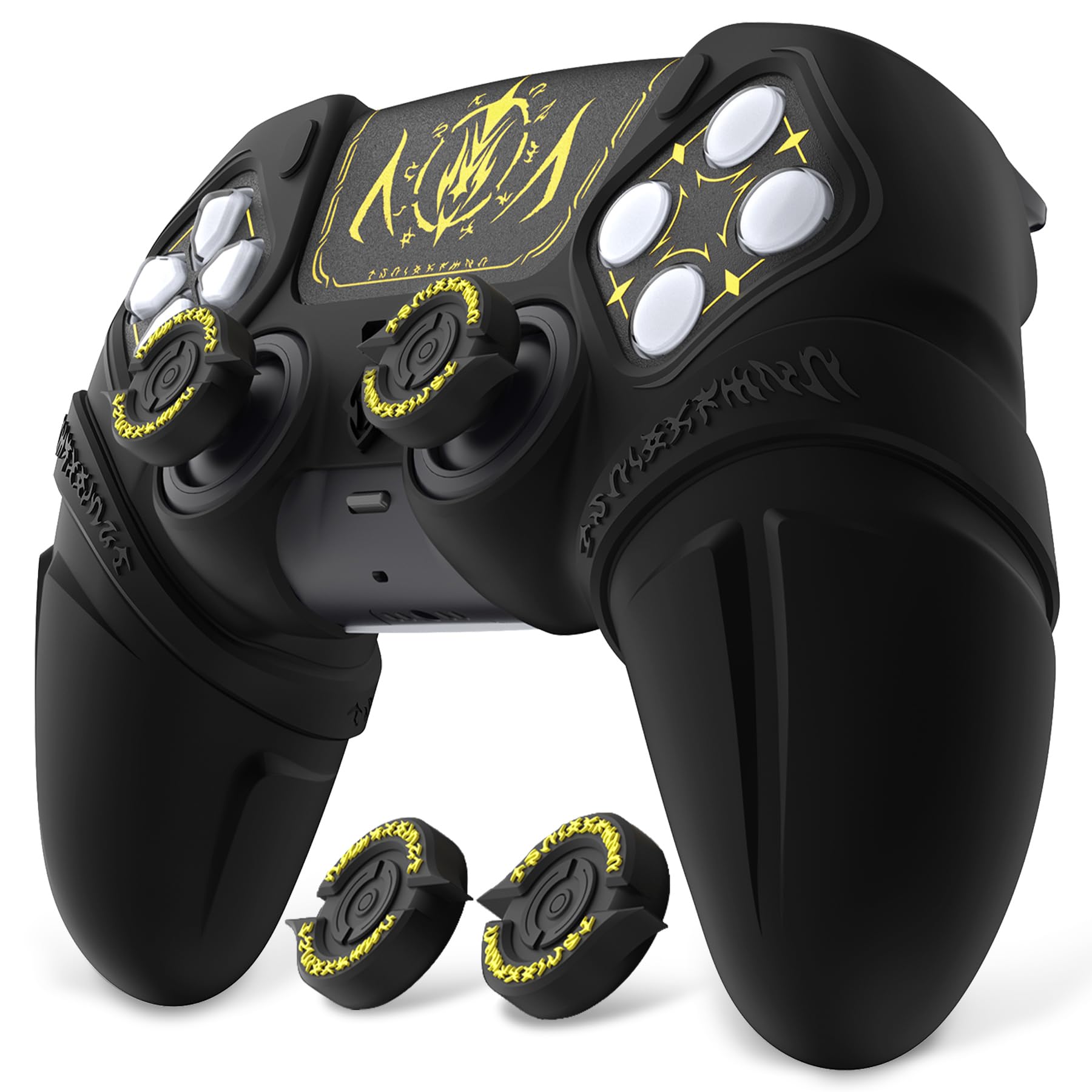 PlayVital Silikonowa Nakładka do ps5 Kontroler z Joystick Caps,Protective Case z Sticker Touchpad i Naklejka na Obszar D-pada kompatybilna ze ps5 Stacją Dokującą-Czarna(Runy Edycja)