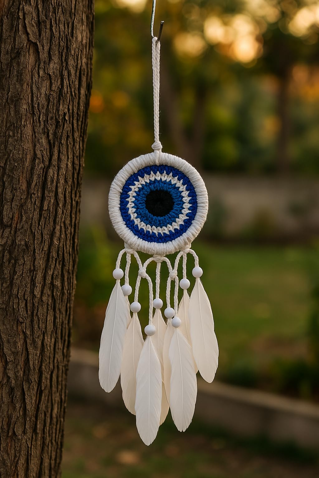ThincAmaxe Handmade White Dream Catcher with Evil Eye Bead – Boho Wall Hanging Decor with Feathers & Pearls – Spiritual Protection Ornament for Bedroom, Nursery, or Living Room-image-47