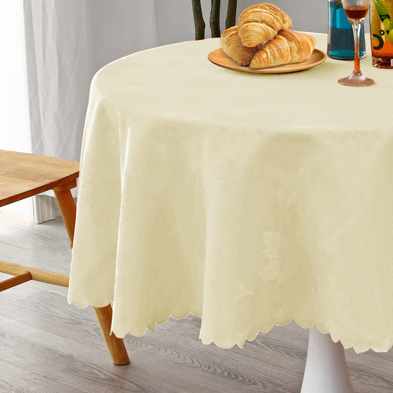 MikiUp Jacquard Round Tablecloth for Fall Harvest and Thanksgiving, Waterproof Damask Woven Fabric Table Cloth Holiday Table Cover, Cream 60 inch