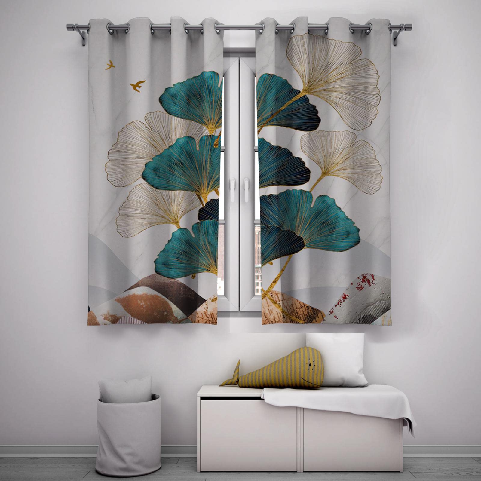 Zaciemniające złote zasłony z liści miłorzębu japońskiego nowoczesne botaniczne abstrakcyjne turkusowe teksturowane izolowane zasłony do salonu 140 x 250 cm, 2 panele