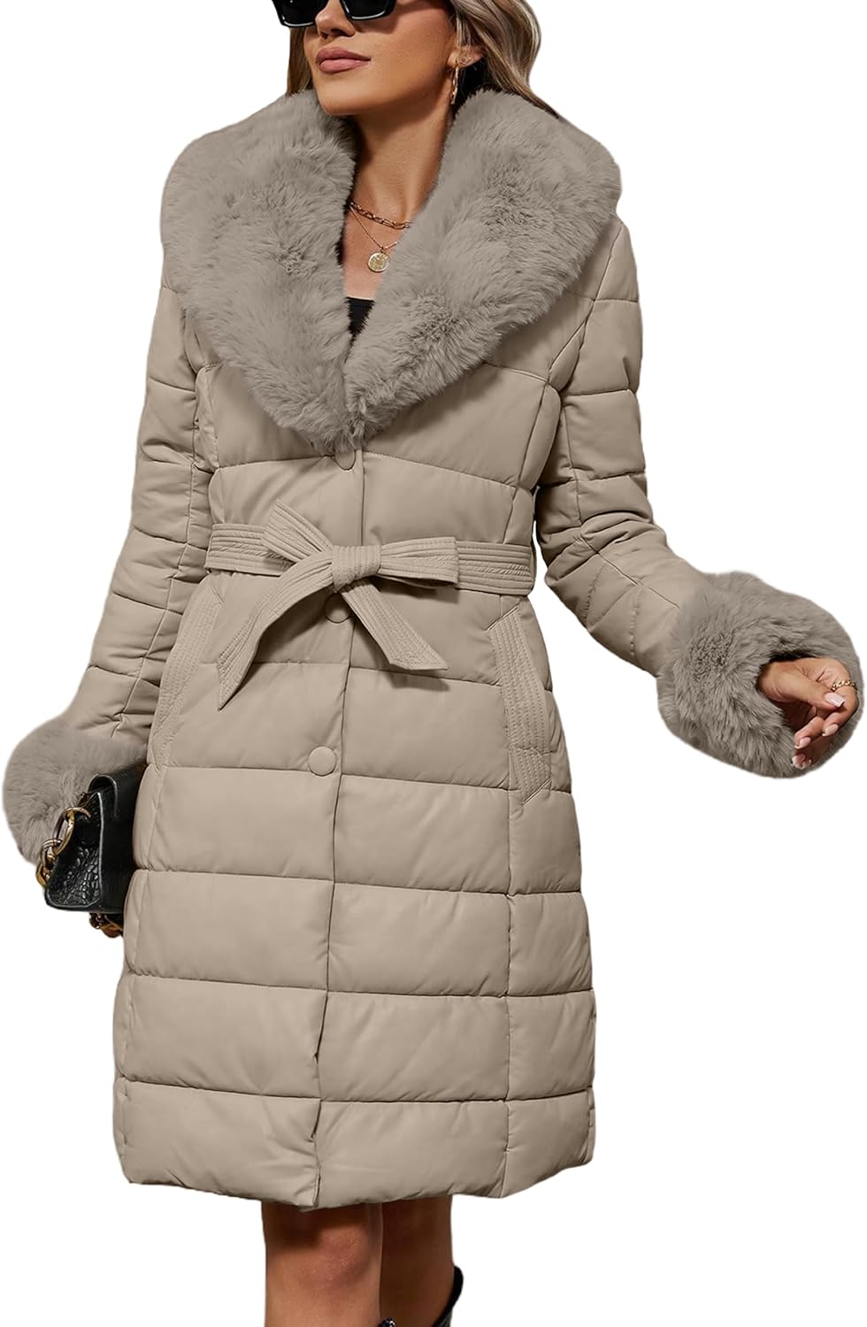 Bellivera Women's Winter Puffer Jacket Cold-Resistant Patchwork Plush Lining Coat with Removable Fur Collar Hooded and Belted