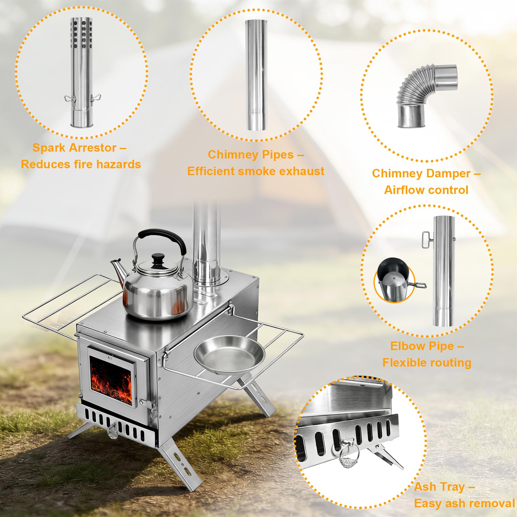 unho Zeltofen Gartenofen Tragbarer Holzofen, Campingherde Edelstahl Holzkocher mit 7 Rohren und Rohrbogen, Ideal für Camping im Zelt, Outdoor-Kochen und Gartenaktivitäten, 32,5 x 33,5 x 210 cm