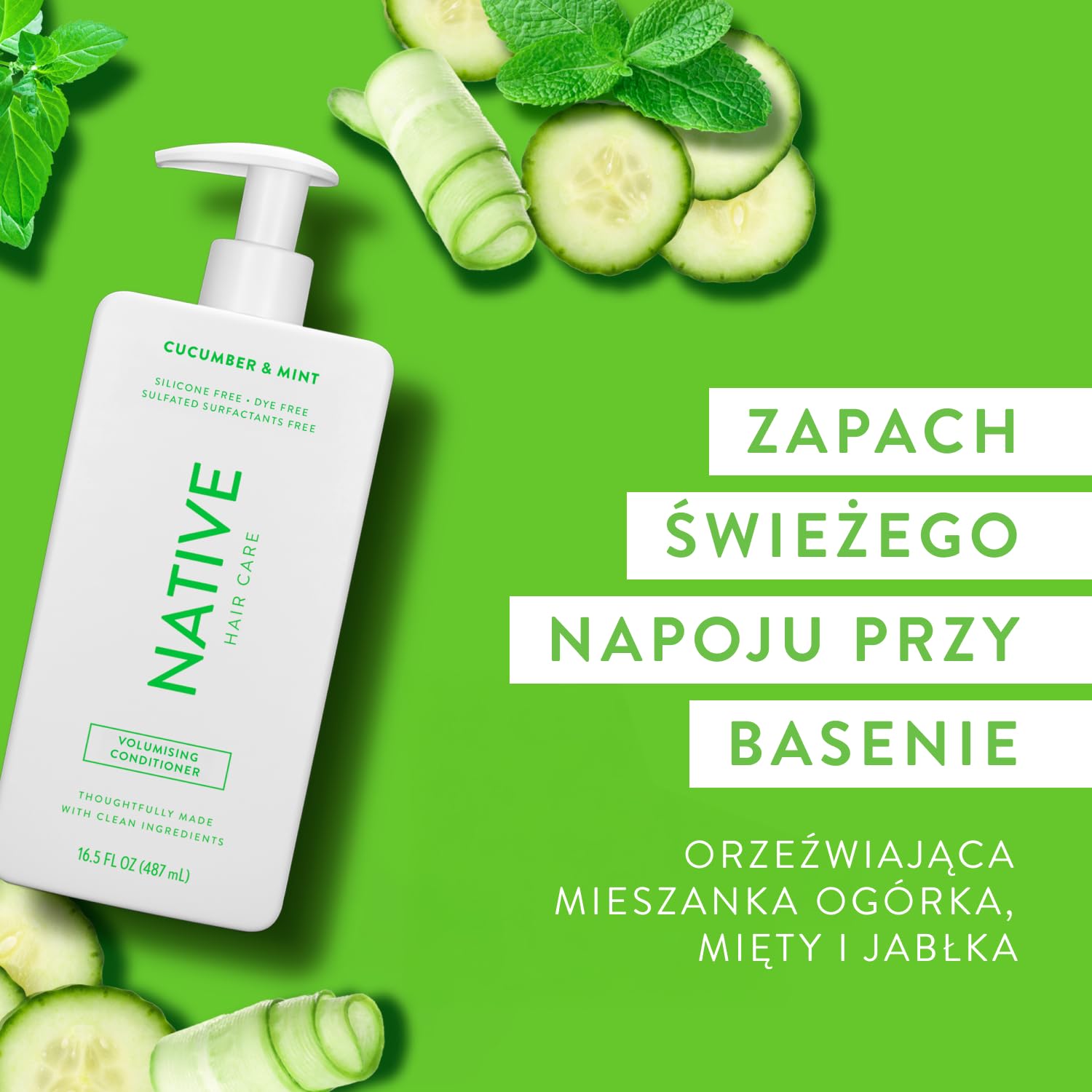 Native Odżywka do powiększania ogórka i mięty - wszystkie rodzaje włosów, farbowane i pielęgnowane, od drobnych do uszkodzonych suszonych, bez siarczanów, bez silikonu i bez barwników (487 ml)