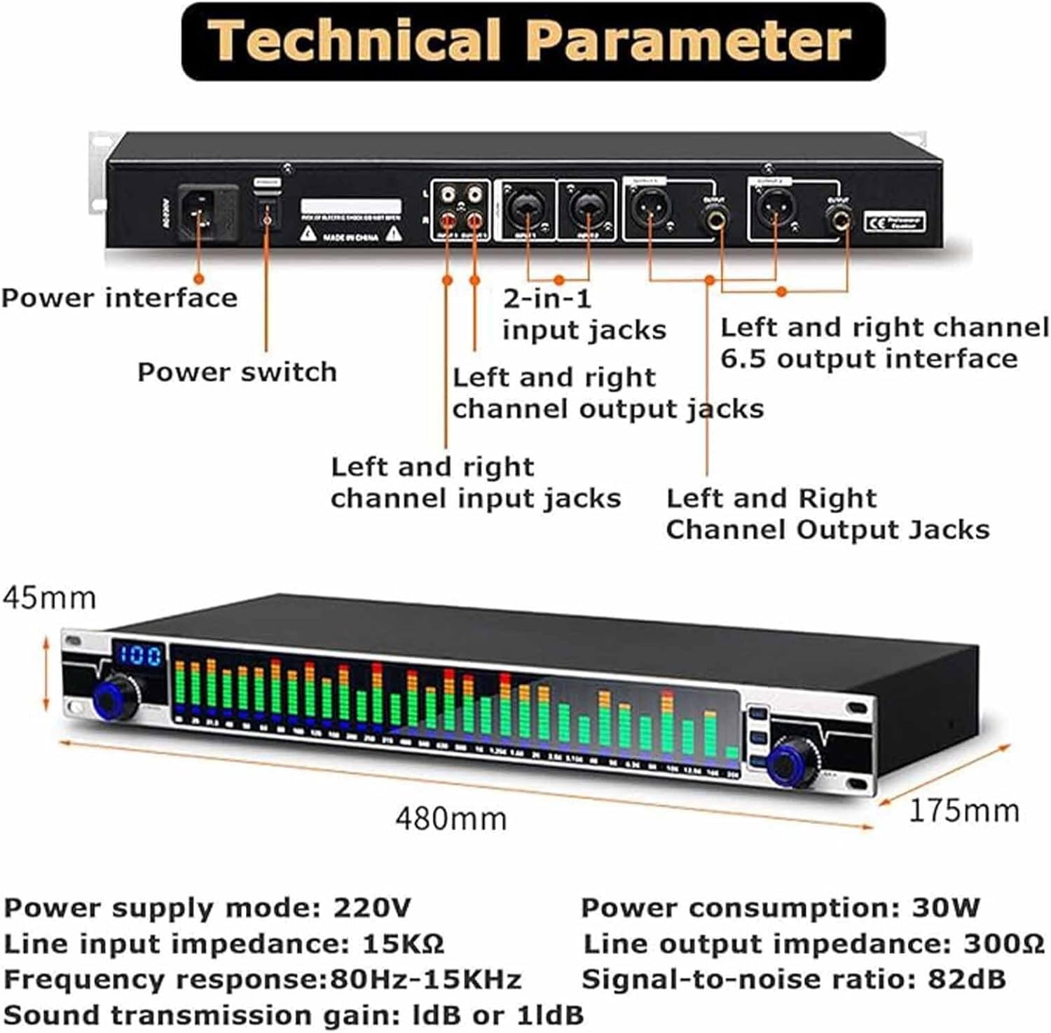 EPANO LXXW Equalizador Ecualizador Digital de 31 Bandas, Ecualizador gráfico con Pantalla de Espectro de luz LED, 10 Efectos preestablecidos, Salida de reducción de Ruido HD Ecualizador de Audio