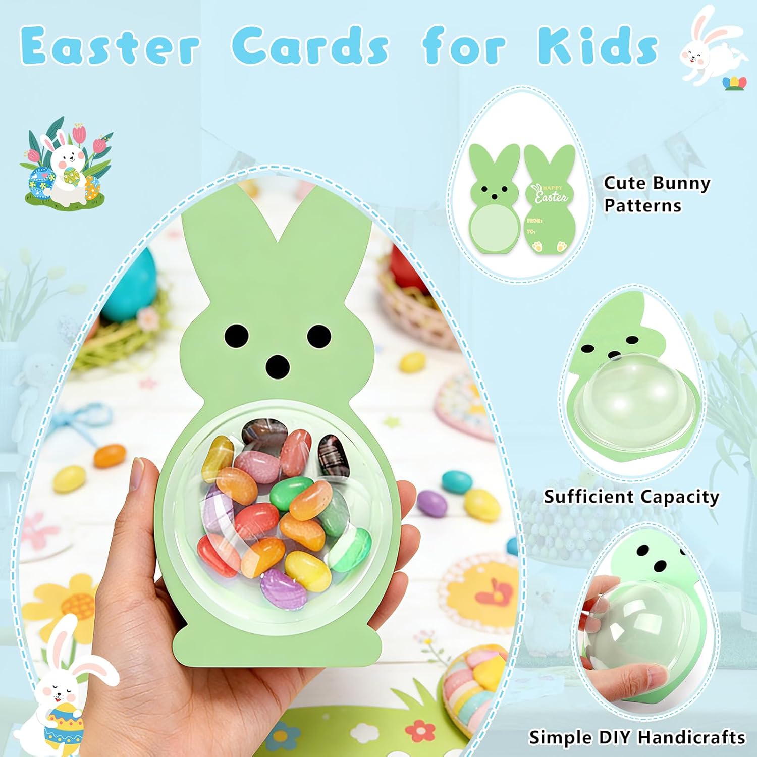 KJX 24 Pack Easter Cards for Kids Classroom, DIY Bunny Design Easter Candy Cards with Plastic Domes, Easter Party Favors for School Holiday Celebrations Gifts and Craft Activities - Image 3