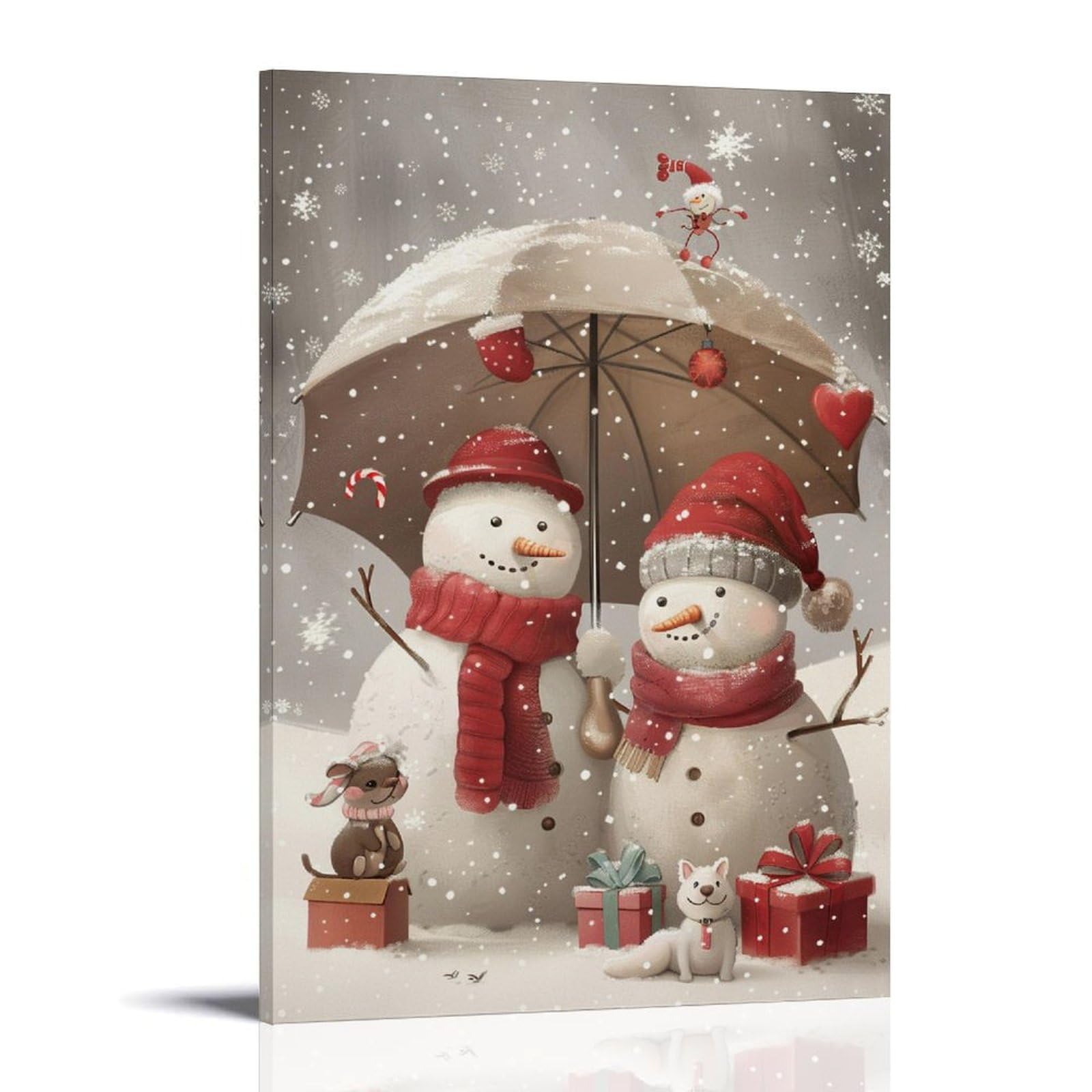 FYFMUSHE Modern Snowman Canvas Wall Art Paintings Christmas Winter Landscape Pictures on Canvas Prints Framed Ready to Hang Artwork for Bedroom Home Decor 12x18inch(30x45cm)