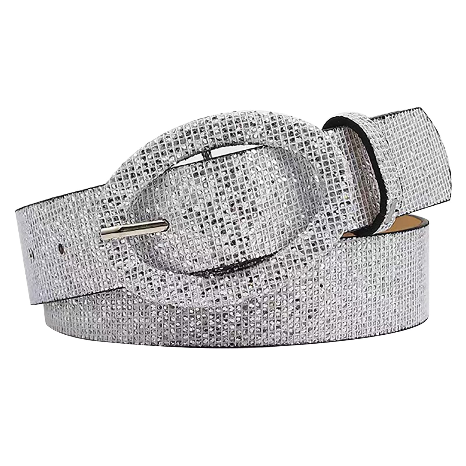Ccaipu Women's Bright Silver Fashion Elastic Belt For Pu Stretch Belt Rhinestone Crystal Shiny Belt Adjustable Round Buckle Waist Belts For Jeans - 106Cm (Silver)