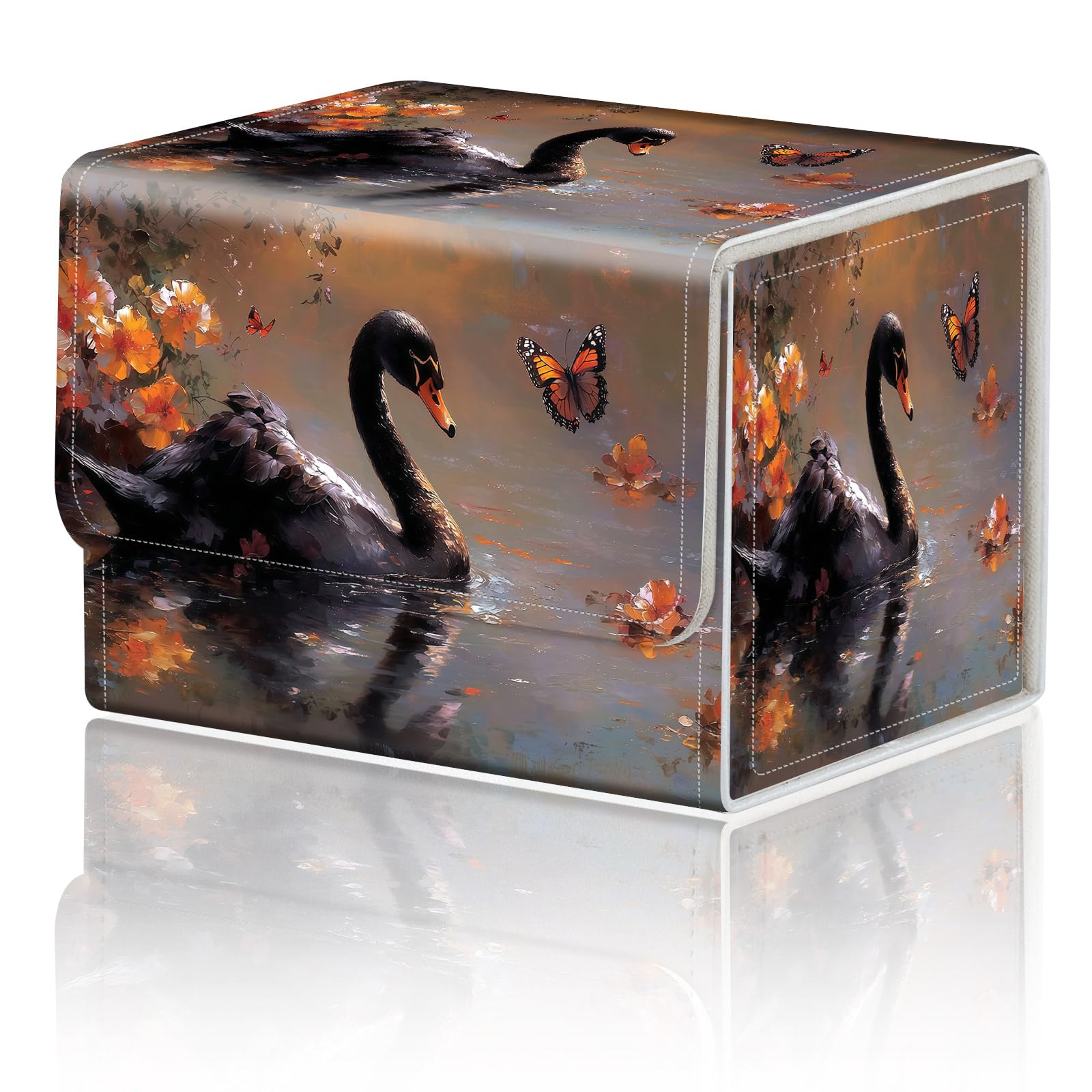 Card Game Storage Box for TCG Deck Box MTG Card Box Organizer Trading Card Case Commander Deck Box TCG Card Storage Box Magnetic Closure Creative Pattern Up to 200 Cards, Black Swan Flowers Butterfly โ image 1