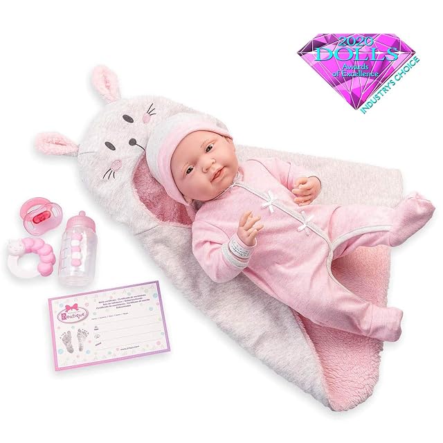 JC Toys- Muñeca La Newborn recién Nacida de 38 cm es de Vinilo Suave, Incluye Pelele y 5 Accesorios, Rosa
