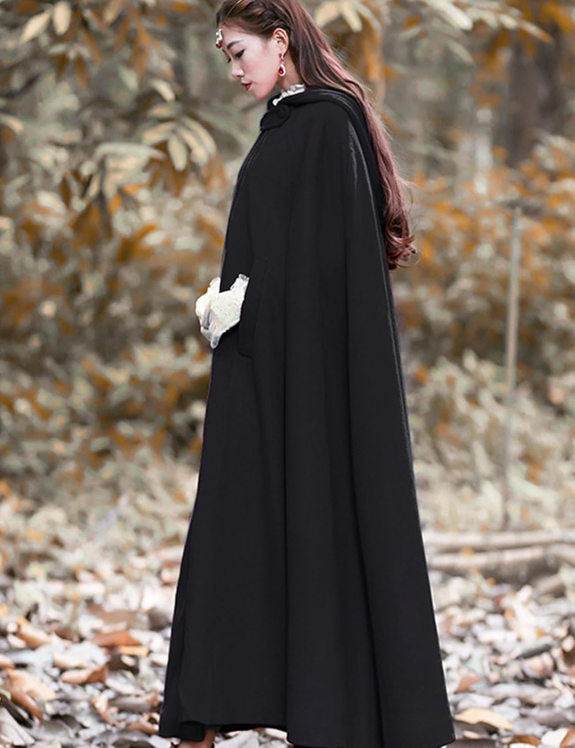 Flygo Women Wool Blend Hooded Cape Fall Winter Cloak with Hood Windproof Poncho Maxi Coat - Image 4