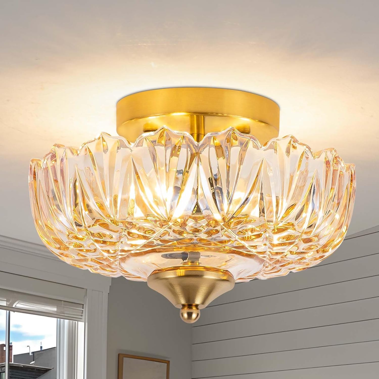Deckenleuchte Vintage mit lampenschirm Bernstein glas E27 25cm halbbündige Bernstein 3Licht Deckenlampe Vintage Glas für Schlafzimmer Flur Küche Esszimmer Wohnzimmer-Glühbirne nicht enthalten