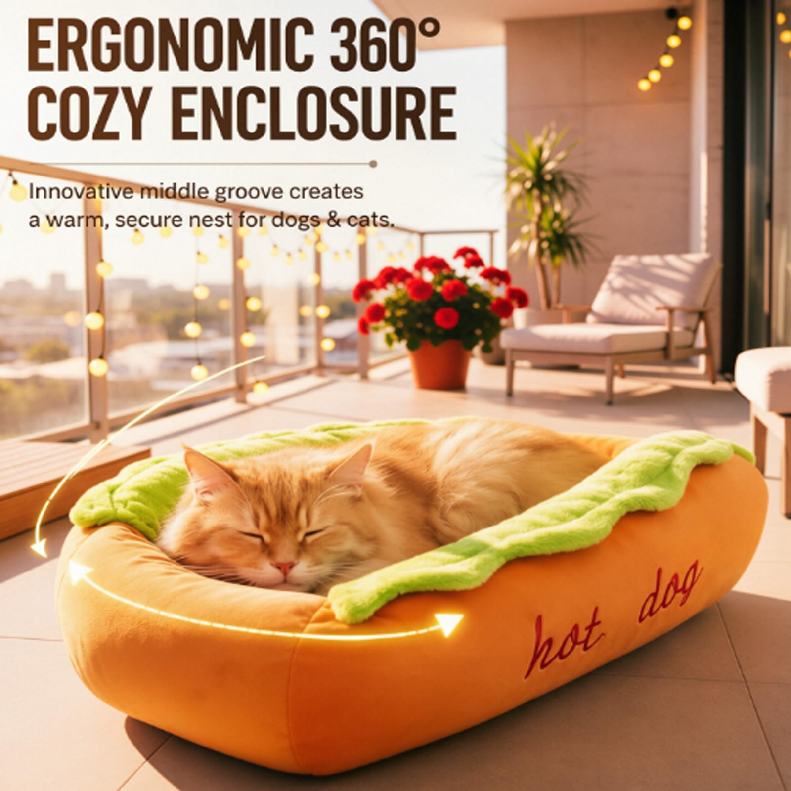 Genérico Cama para Perros «Hot Dog», con Un Divertido Diseño En Forma De Panecillo De Perrito Caliente, Sofá-Nido para Mascotas De Interior Fabricado En Microgamuza Y Pana Suave (1 Unidad L)