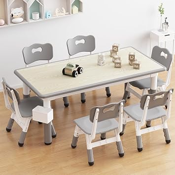 Kids Table and 6 Chairs Set, 47" l x 24" w Height Adjustable Toddler Activity Table with Storage Boxes, Wipe-Clean Wood Grain Desktop for Home Classroom Daycare Gray Water Pen Not Included