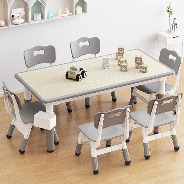 IDEALHOUSE Kids Table and 6 Chairs Set, Height Adjustable Toddler Table and Chair Set, Graffiti Desktop, Children Study Table for 6 for Home Daycare Preschool for Ages 2-10, Grey