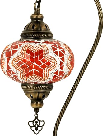 10 Variation Turkish Lamp Mosaic Table Lamps | Turkish Moroccan Lamp with Bronze Base | Handmade Swan Neck Tiffany Night Lamp | Mosaic Glass Bedside Night Lamp with Led Bulb Orange